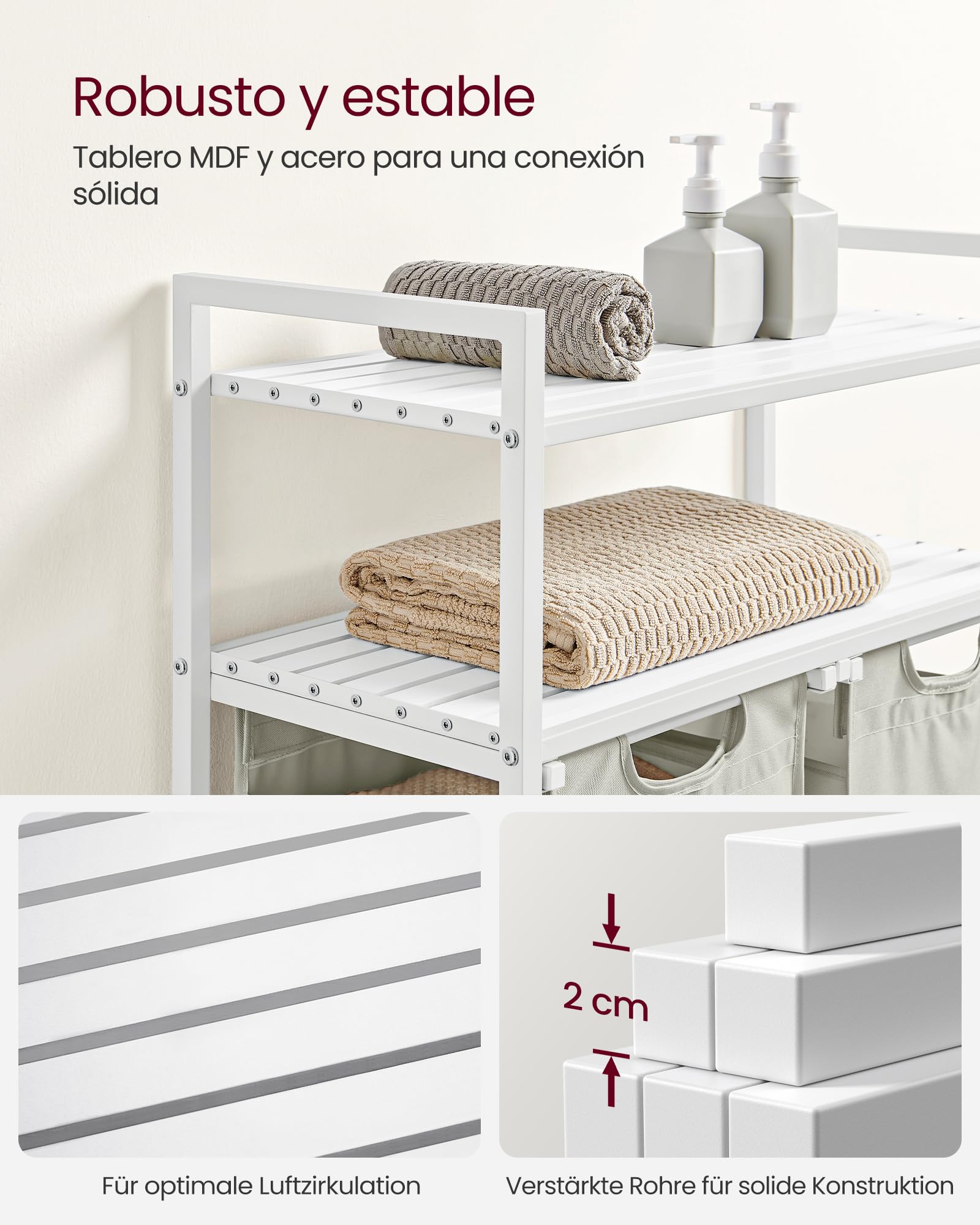 VASAGLE Cesto para Ropa Sucia, Cesta Colada Desmontable con 2 Bolsas Extraíbles, 2 Estantes, 46 L por Bolsa, para Baño, Lavandería, Blanco BLH211W01