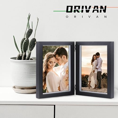 Miniatura 2 de ORIVAN Marco de fotos doble de 5 x 7 pulgadas, marco con bisagras, marcos verticales de madera MDF con frente de vidrio (negro)