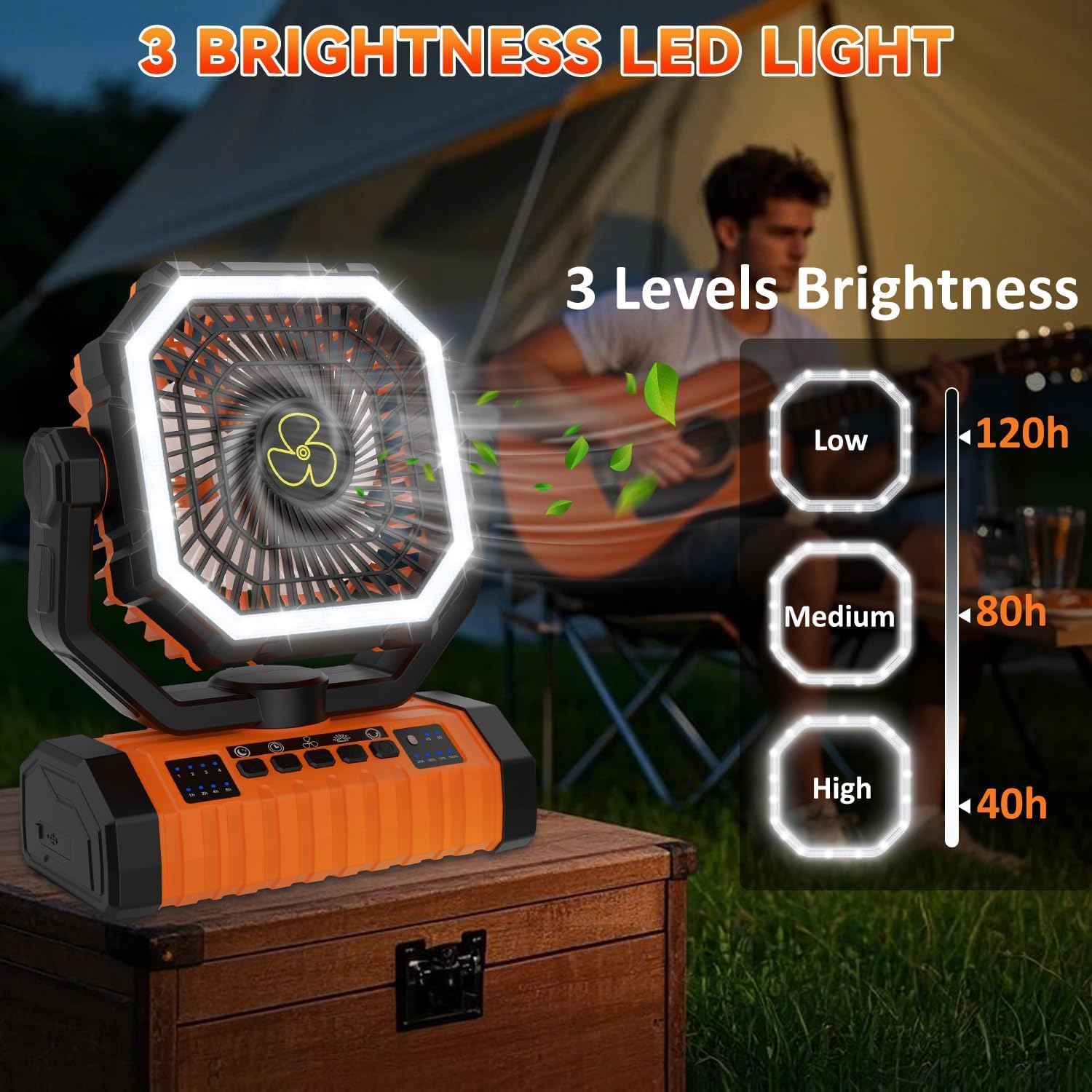 Portable Fan Rechargeable, 20000mAh Cordless Battery Powered Fan with LED Lantern, USB C Battery Operated 270° Swivel for Travel Bedroom Home Camping Tent Office Beach Desk Fishing Table (Oranger)