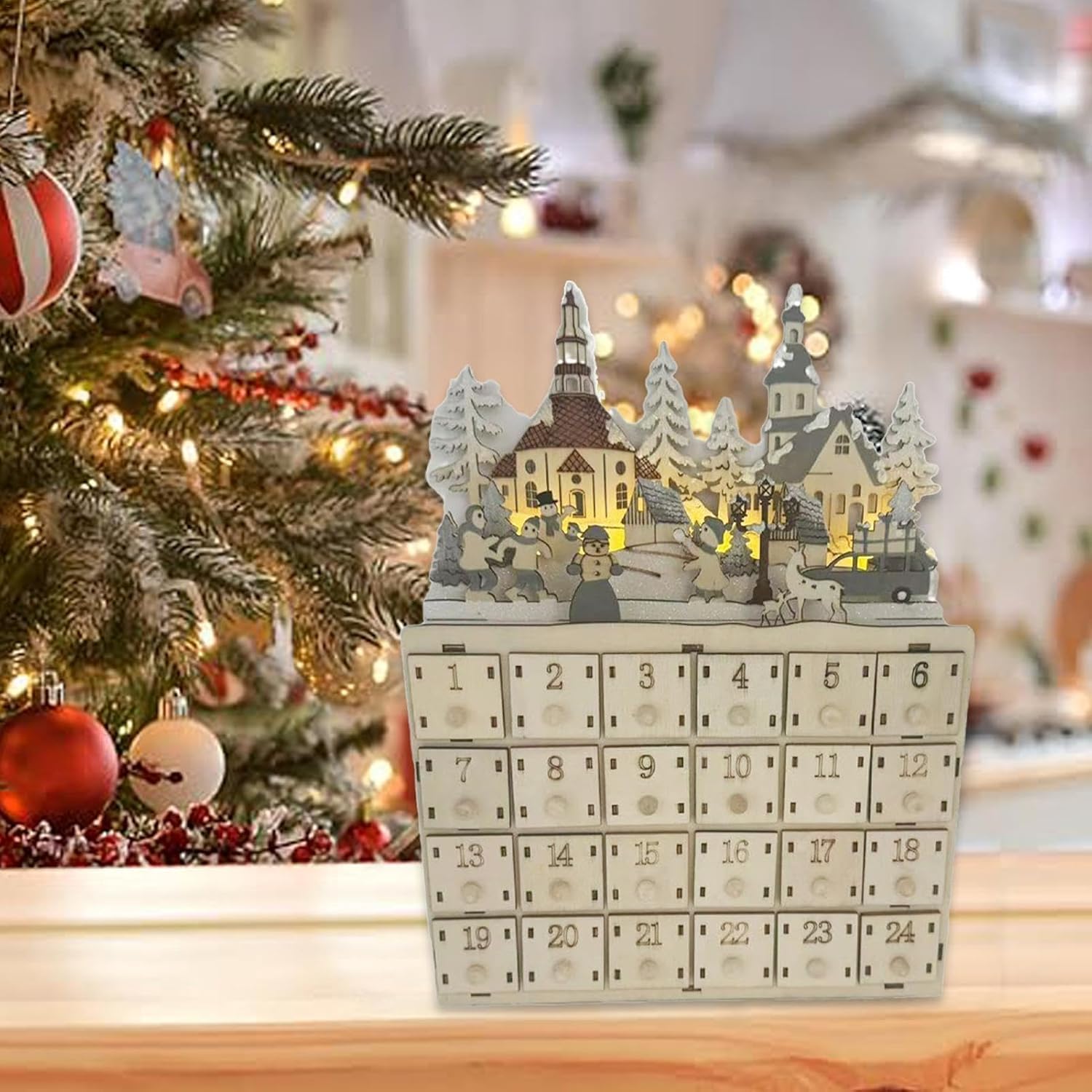 Adventskalender aus Holz, mit 24 Schubladen und LED-Lichtern, Countdown Kalender, Dekorative und Funktionale Geschenkaufbewahrung für Kinder (30x22x8cm)