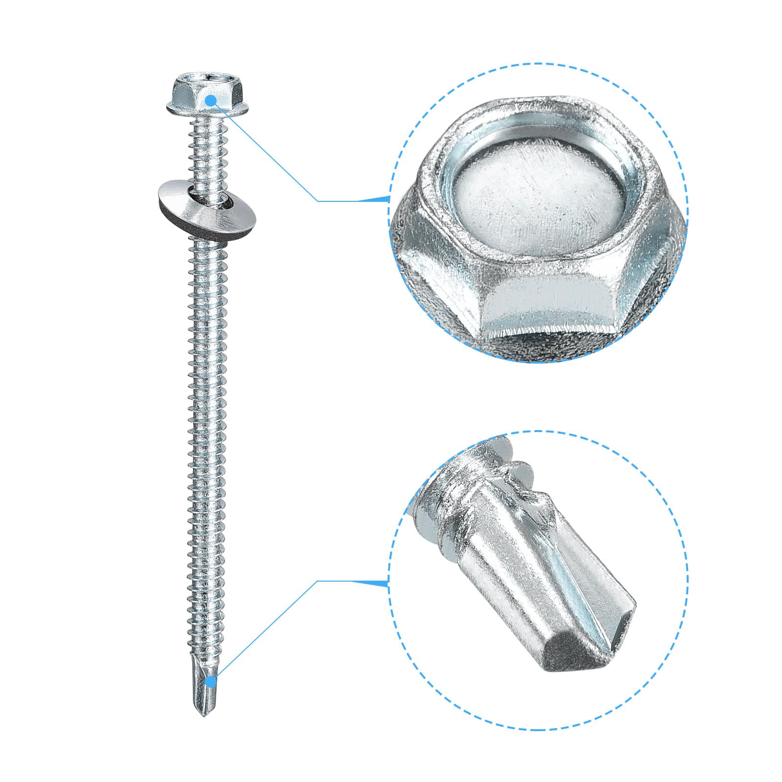 QUARKZMAN #14x3-8/9" Tornillos Autoperforantes con Arandela de Goma, 200Pcs Tornillos Autoroscantes con Cabeza Hexagonal Y Acabado Zincado con Arandela EPDM para Metal