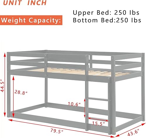 Miniatura 59 de Anwick Litera baja de tamaño individual sobre individual con escaleras y rieles, marco de literas de madera con barandilla de seguridad y listones