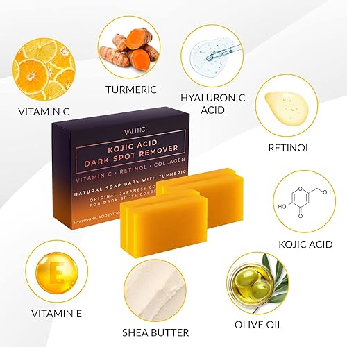 Miniatura 5 de Valitic Barra de jabón eliminadora de manchas oscuras de ácido kójico con vitamina C, retinol, colágeno, cúrcuma, complejo japonés original, ácido