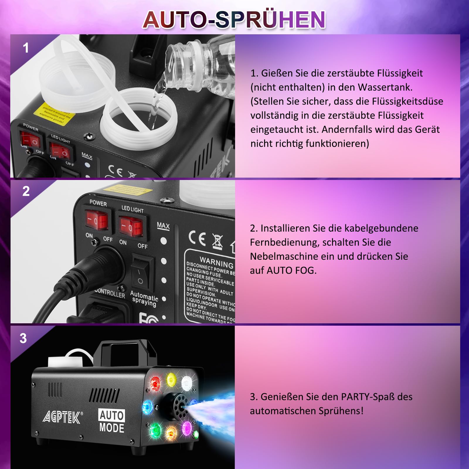 Nebelmaschine, AGPtEK Nebel Maschine mit kabelloser Fernbedienung UND LED Licht, Stabil & Tragbar, Passend für Halloween, Weihnachten, Hochzeitsfeiern & Bühnenauftritte usw