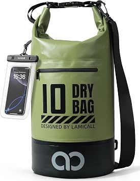 Lamicall Dry Bag, Waterproof Bag - [Robust & Anti-Scratch] 5L/10L/20L/30L/40L Waterproof Backpack with 100% Water Proof Phone Pouch, Floatable Drybag for Boat Swimming Kayaking Camping - Green10L