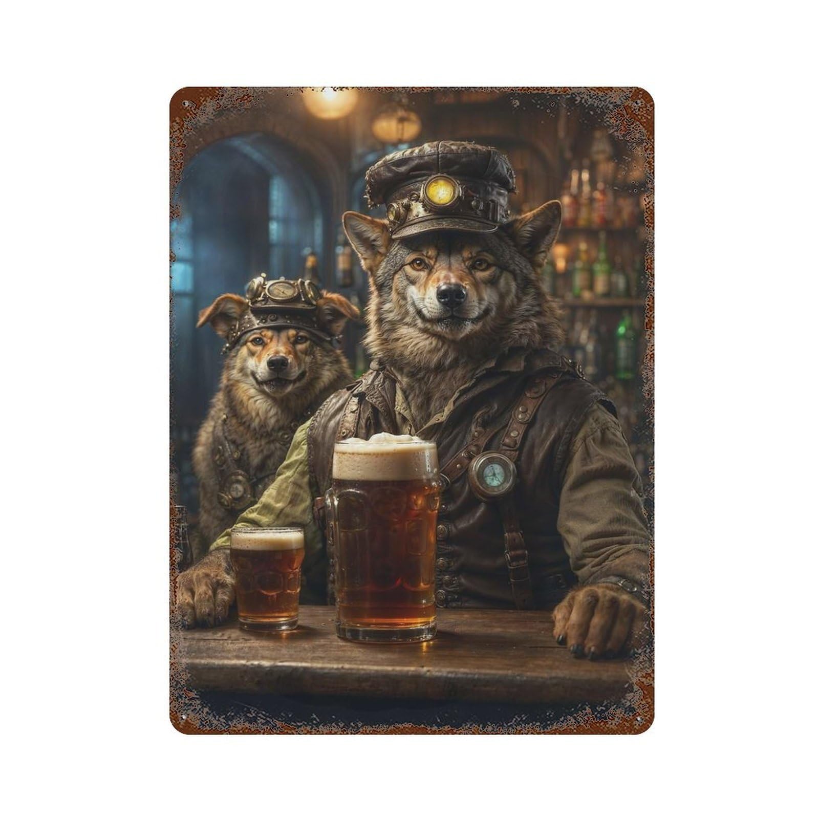 Steampunk Craft Beer Wolf Vintage Rust Metal Sign 15.7"x11.8", Ideal for Basement, Hobby Room And Garage Decor