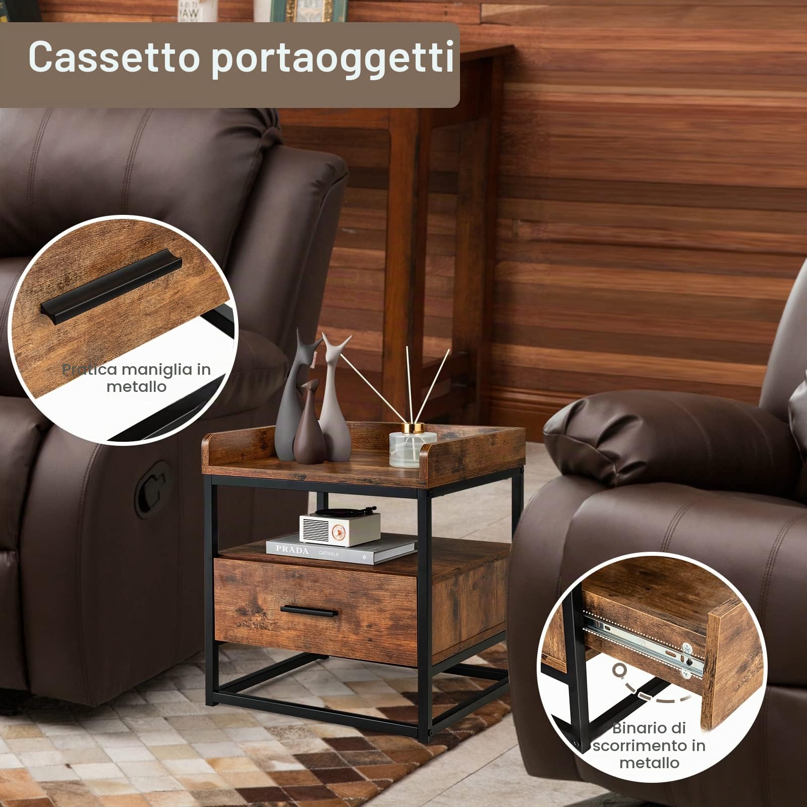 LIFEZEAL Comodino quadrato a 2 livelli con cassetto | Tavolino piccolo con design industriale e ripiani portaoggetti, per soggiorno e camera da letto
