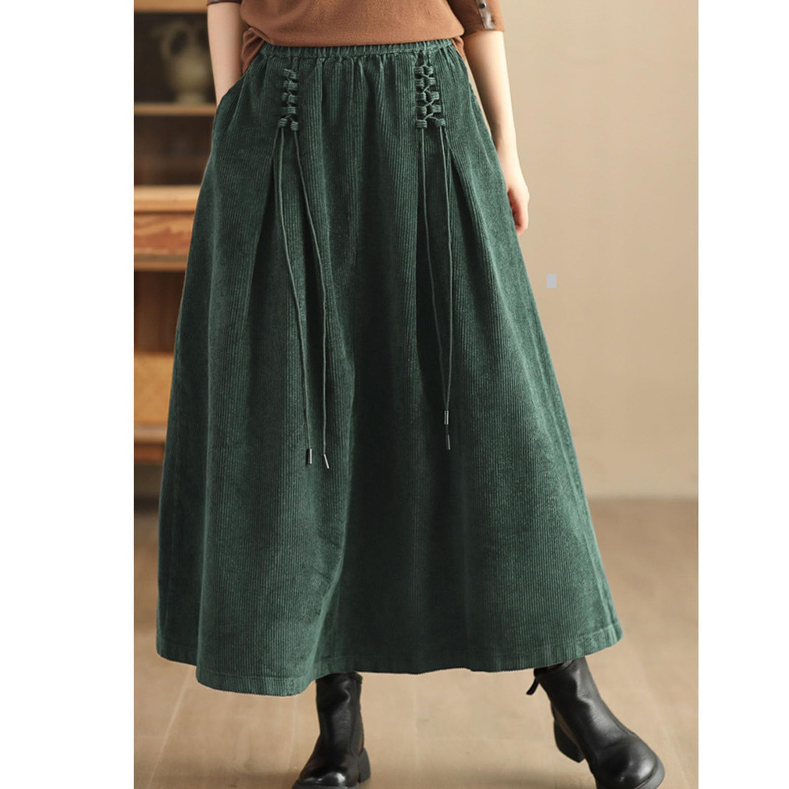Jupe Maxi Corduroy de Femmes avec nœud de Cravate latérale, Jupe Longue à Taille élevée élastique A-Line pour l'automne et l'hiver