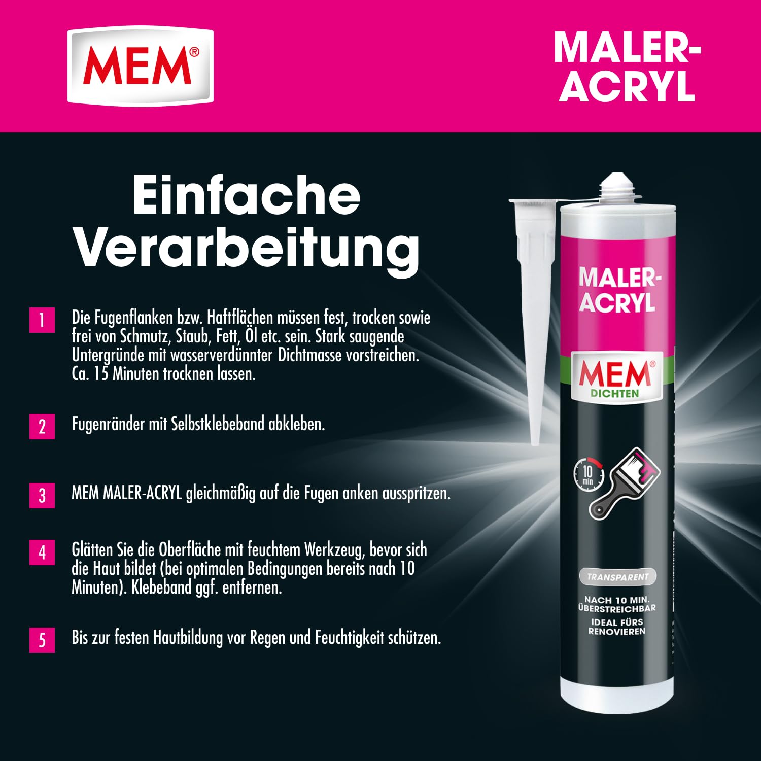 MEM Maler-Acryl, Für Renovierungsarbeiten und zum Abdichten, Innen und außen anwendbar, Überstreichbar, Überputzbar, Gebrauchsfertig, Lösemittelfrei, 300 ml Kartusche, Transparent
