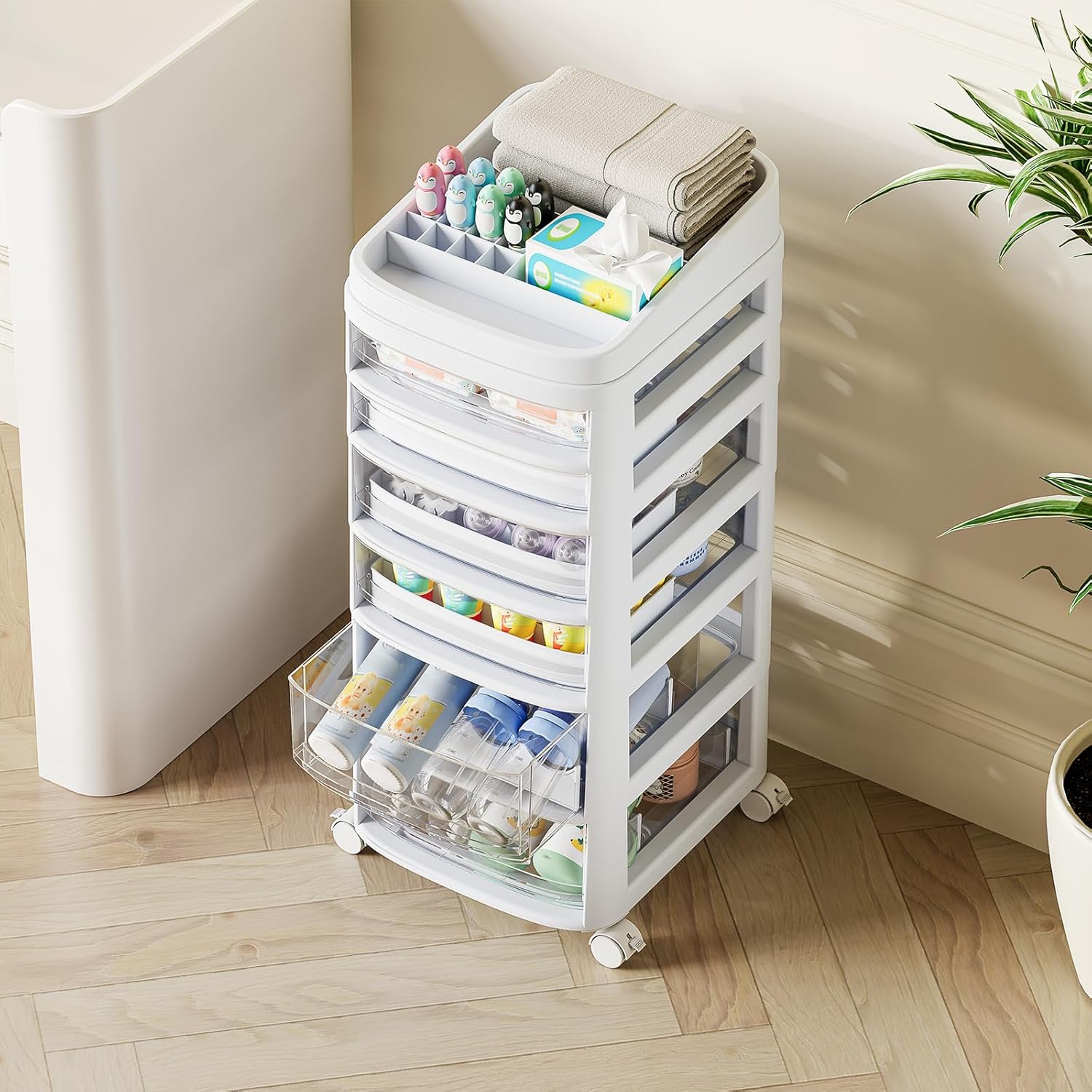 Rolling Cart with 6 Drawers, Clear Plastic Drawer Organizers, Dust Proof Under Desk Storage for Makeup, Skincare, Art Crafts and Baby Items, Acrylic Cosmetic Organizer with Dividers, Vanity Cart - Image 2
