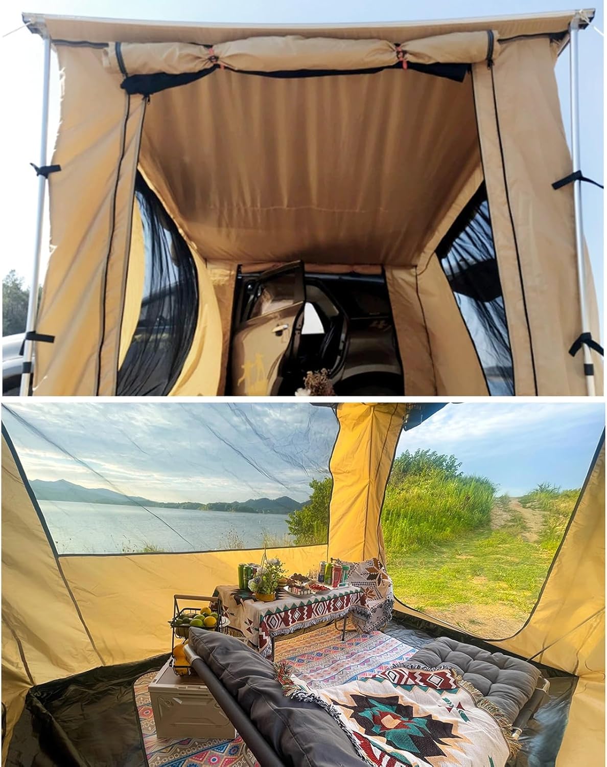 car side awning room attached to SUV showing adjustable height