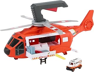 Toy Car & Playset, 16-In Large-Scale Helicopter Transforms into Rescue Station, Kid-Powered Propeller, With 1:64 Scale Die-Cast Ambulance, HXM74