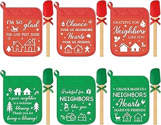 Maxdot 6 Pieces Christmas Neighbor Gifts Potholders with Pocket Silicone Spatula Kitchen Hot Pad Oven Mitts Hot Potholders Christmas Housewarming Kitchen Thank You Gift Cooking Baking for Neighbor
