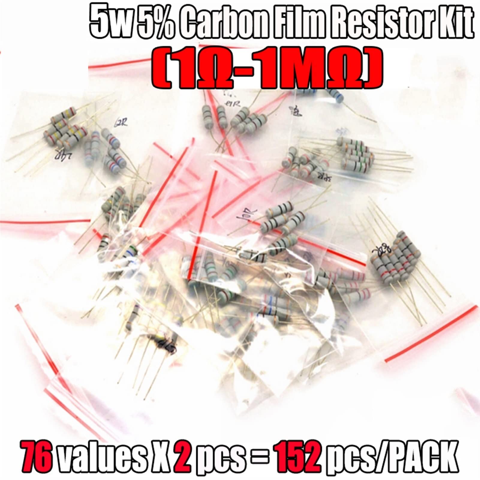 152PCS / Lot 5W 5Percent 1R-1M 76Values ​​x 2 Juego de resistencias de película de Carbono Juego de resistencias de película de óxido de Metal