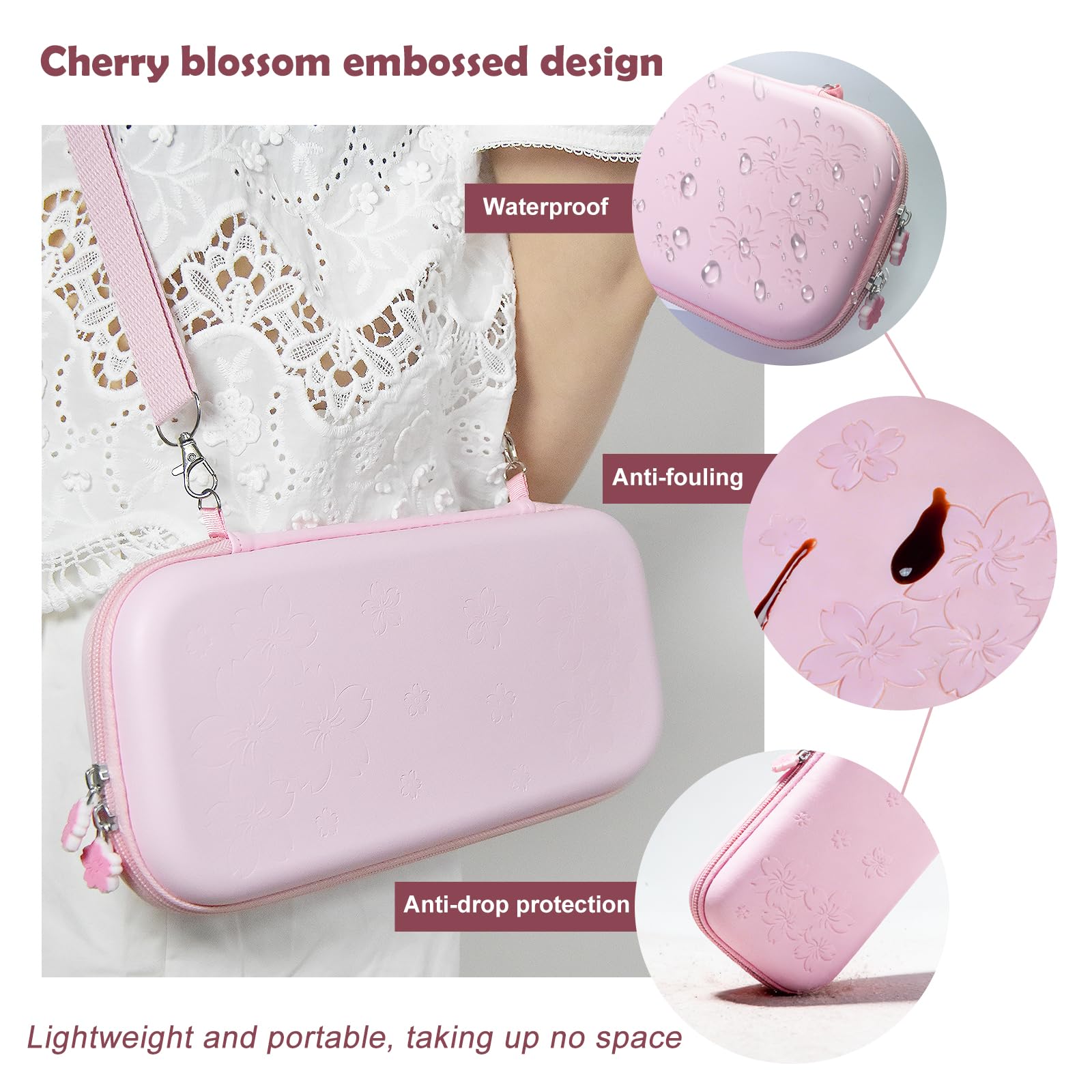 HLRAO Étui rose compatible avec Nintendo Switch OLED 2021,coque rigide Sakura Design, étui de rangement portable solide, antichoc, avec protection d'écran en verre HD et 4 capuchons Sakura Thumb Grip.