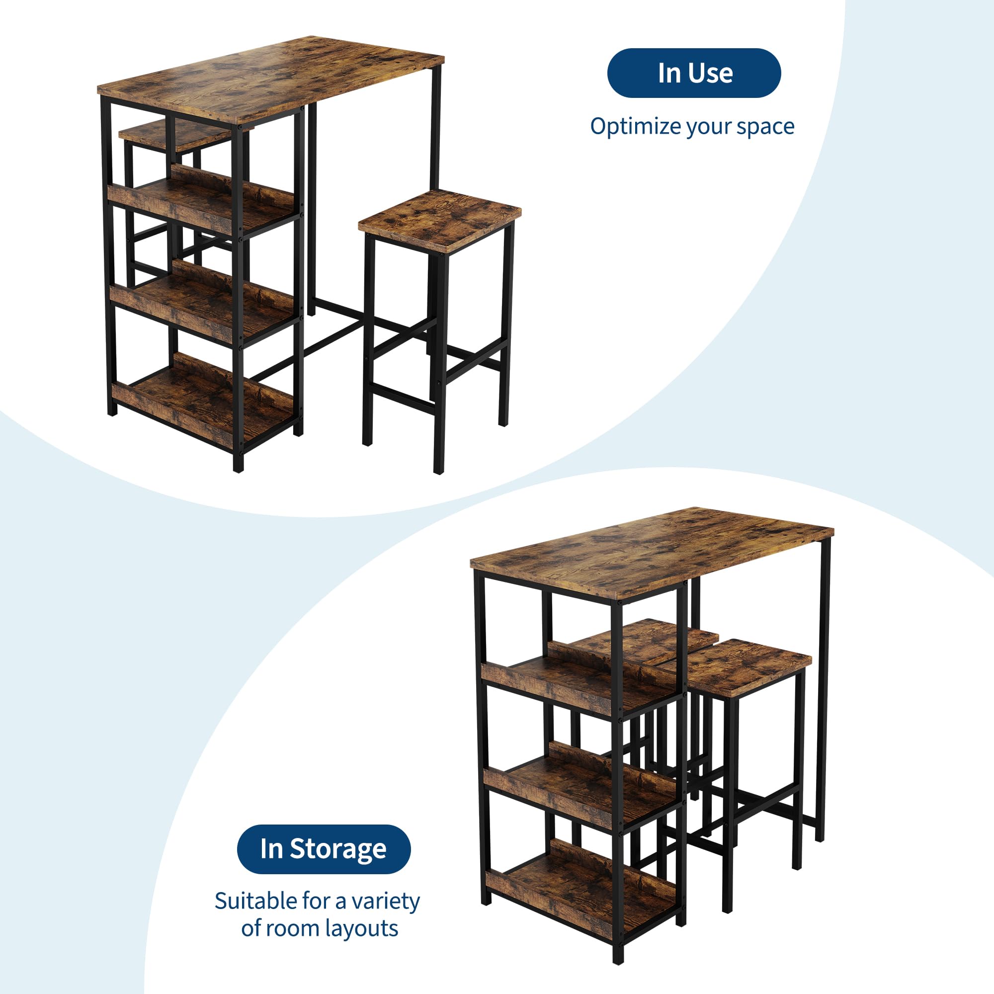 Garvee Bar Tisch Und Stühle Set, Rechteckiger Pub Tisch Mit 2 Hockern Für Kleinen Platz, High Top Tisch, 3-Teilige Frühstück Hocker Set, Robuster Metallrahmen, Einfach Zu Montieren, Rustikal Braun