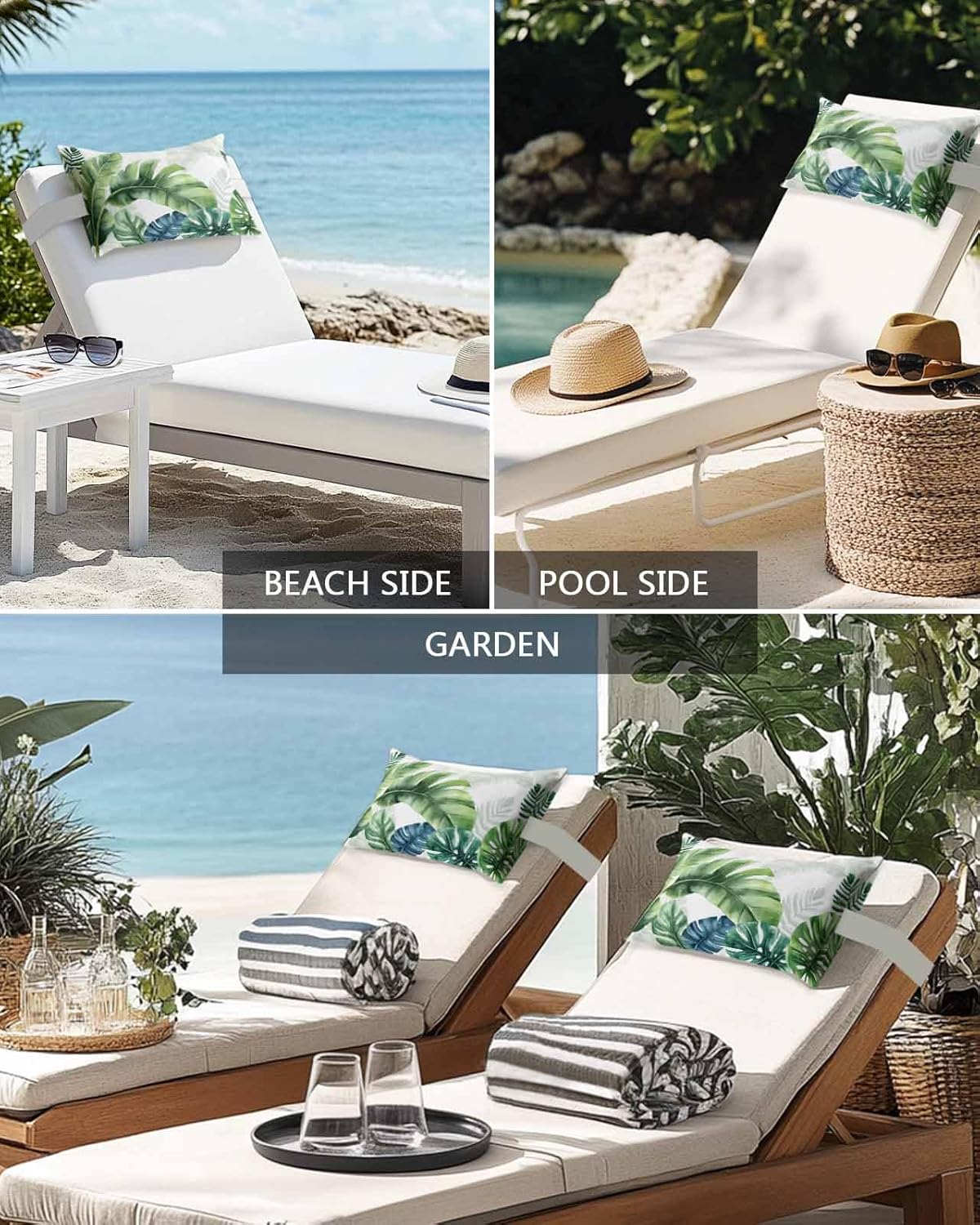 Outdoor Pillow for Chaise Lounge Chair Watercolor Green Monstera Leaves Waterproof Lumbar Pillow Insert Tropical Plants Headrest Pillow Adjustable Elastic Stripe for Recliner Beach Patio 12x20 Inch