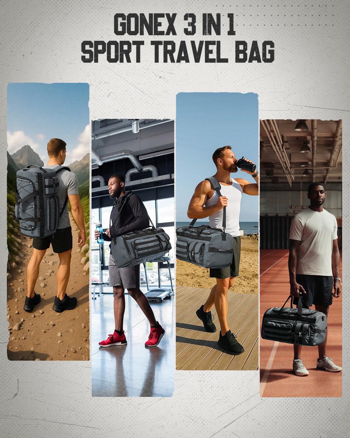 Gonex Bolsa de deporte y bolsa de viaje para hombre de 45 l, 3 en 1, portátil, con compartimento para zapatos, para gimnasio, entrenamiento y viajes (gris)