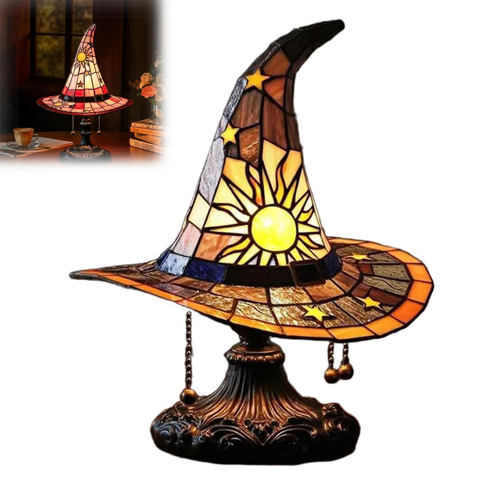 DR.AF Witch Hat Lamp, Handcrafted Retro Resin Witches Hat Lamp with USB Cable, Gothic Wizard Night Light, Halloween Decor Accent Witch Lamp for Bedroom, Bookshelf, Desk & UK Home Warm Yellow