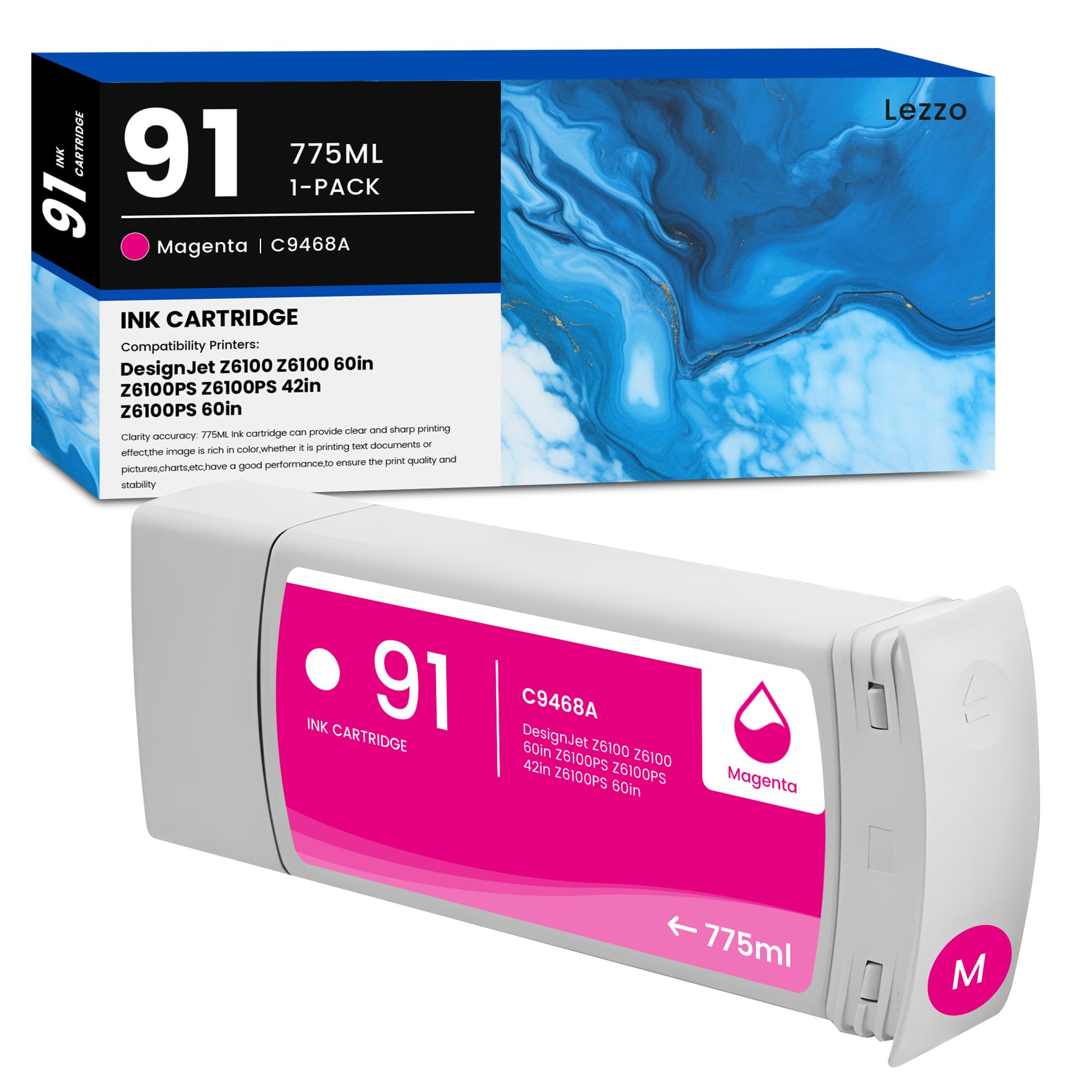 91 C9468A Ink Cartridge 1-Pack 91 C9468A Magenta Ink Replacement for HP 91 Ink for DesignJet Z6100 Z6100 60in Z6100PS Z6100PS 42in Z6100PS 60in