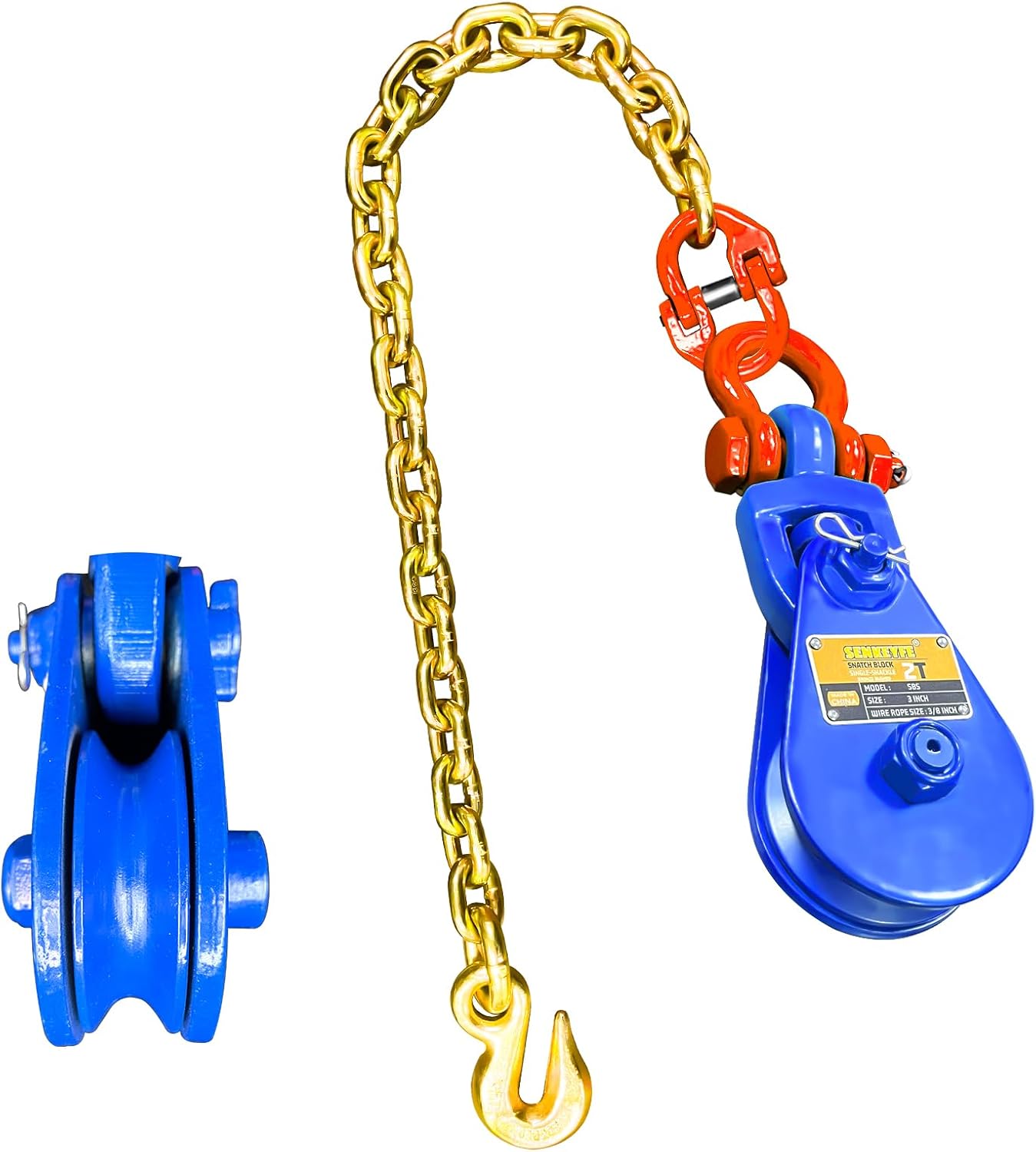 2 Ton Snatch Block with Chain and Swivel Shackle, Snatch Block Pulley Kit Blue Color Suitable for 3/8" Inch Wire Rope Flatbed Tow Truck Rollback Wrecker Car Carrier Winch, Towing Winch Block