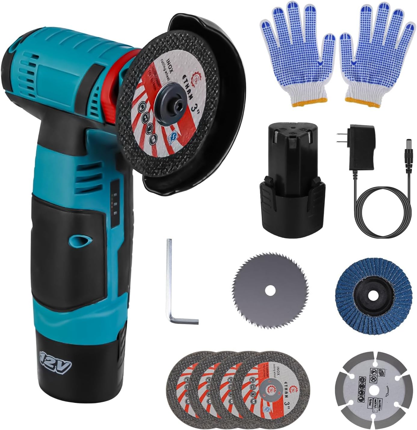 Cordless Angle Grinder, 3 Inch Mini Angle Grinder 12V with 2 Batteries & 7 Cutting Discs, 19000 RPM Electric Grinding Tool for Metal Wood Tile, Compact Handheld Cutter
