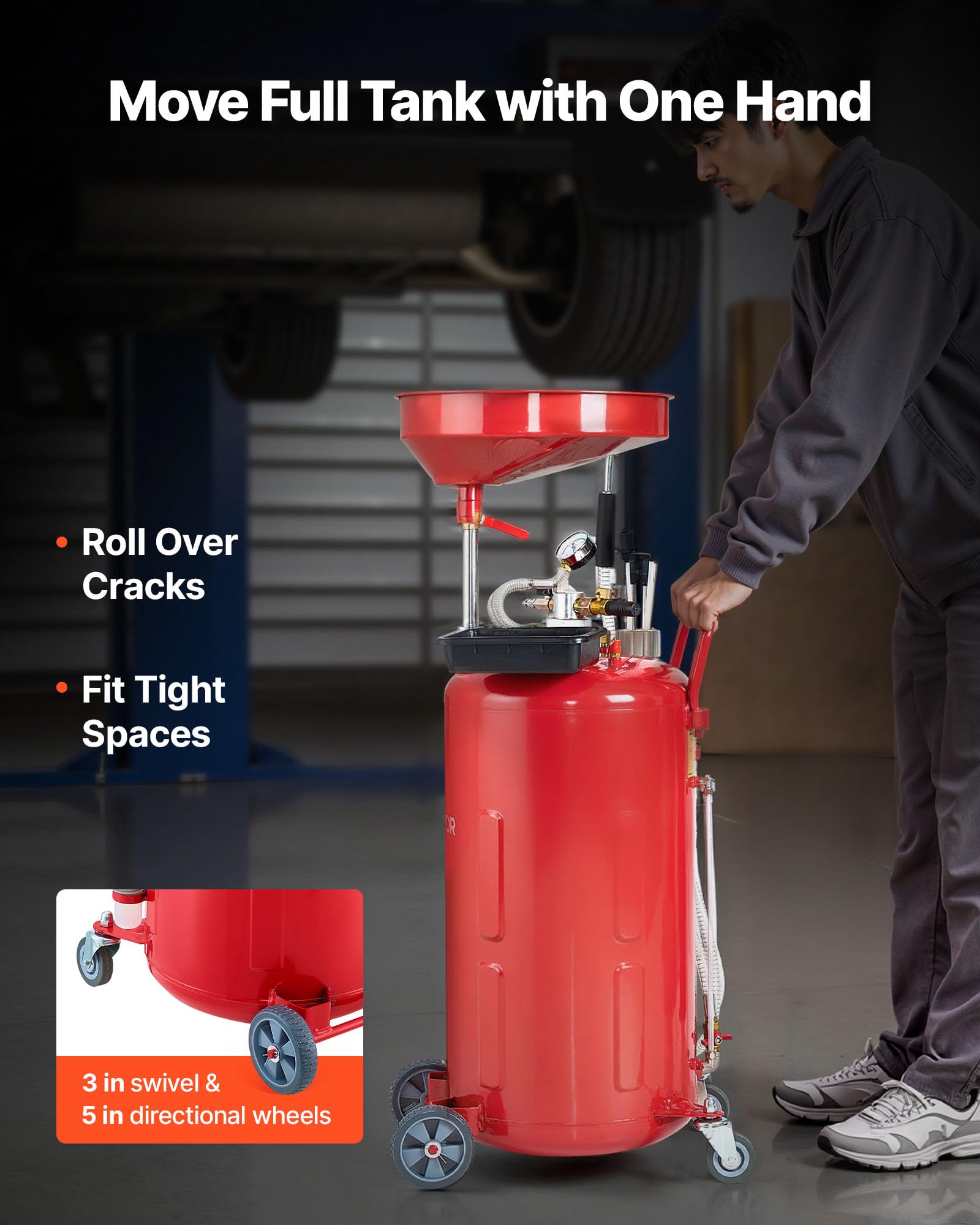 VEVOR Tanque de Drenaje de Aceite Usado, Drenaje de Aceite Portátil Neumático de 79,5 L con Embudo Ajustable y Ruedas, Drenaje de Combustible Líquido para Taller de Reparación de Automóviles, Rojo