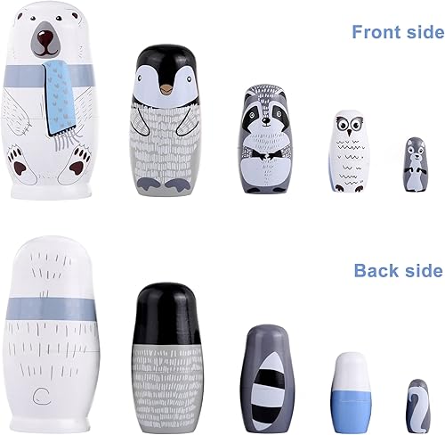Vista 3 de Yoption Juego de 5 muñecas rusas Matryoshka hechas a mano de madera de oso polar de pingüino para niños, regalo de Navidad y cumpleaños (oso polar)