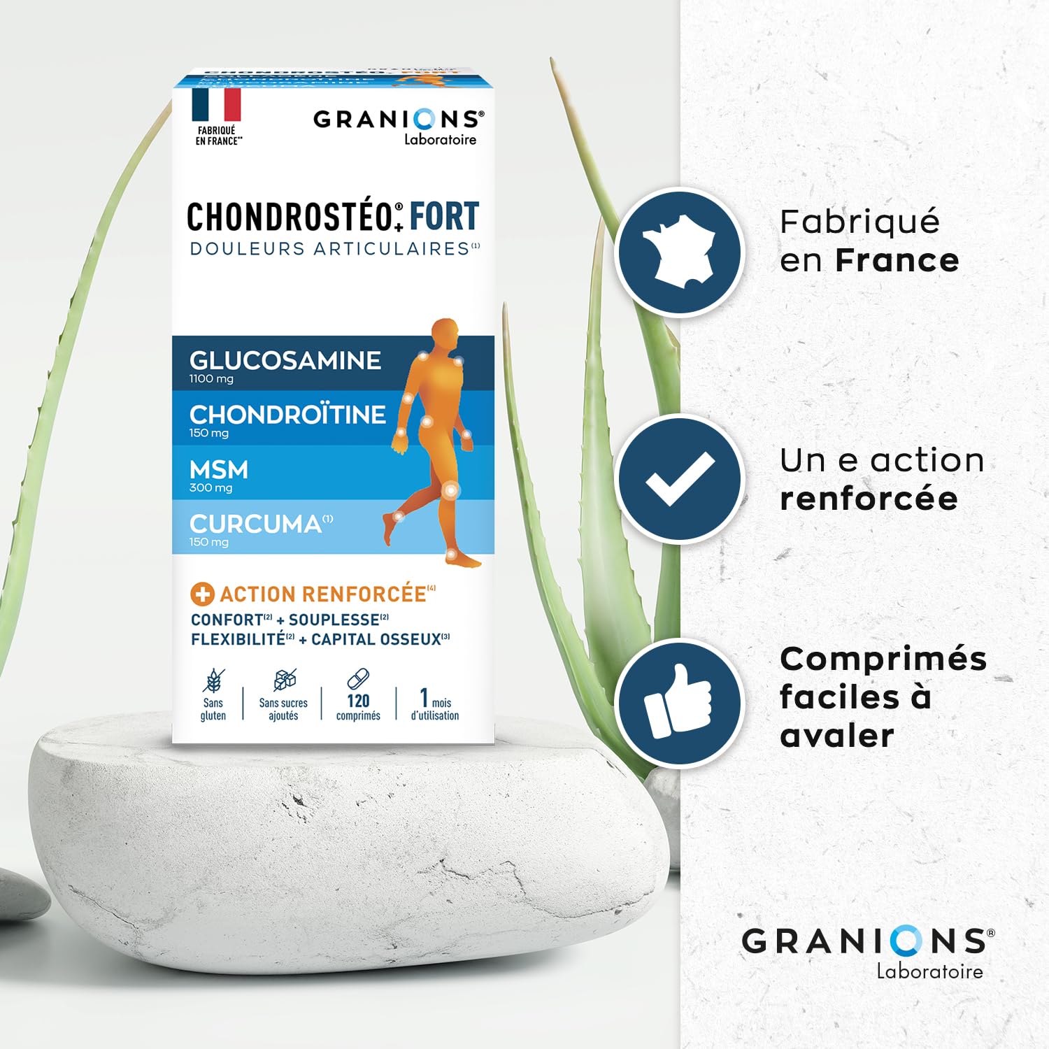 GRANIONS CHONDROSTEO+ FORT Articulations - Formule Renforcée - Curcuma - Mobilité & Souplesse Articulaire, Flexibilité, Capital Osseux - Glucosamine, Chondroïtine, MSM, Curcuma - 120 comprimés