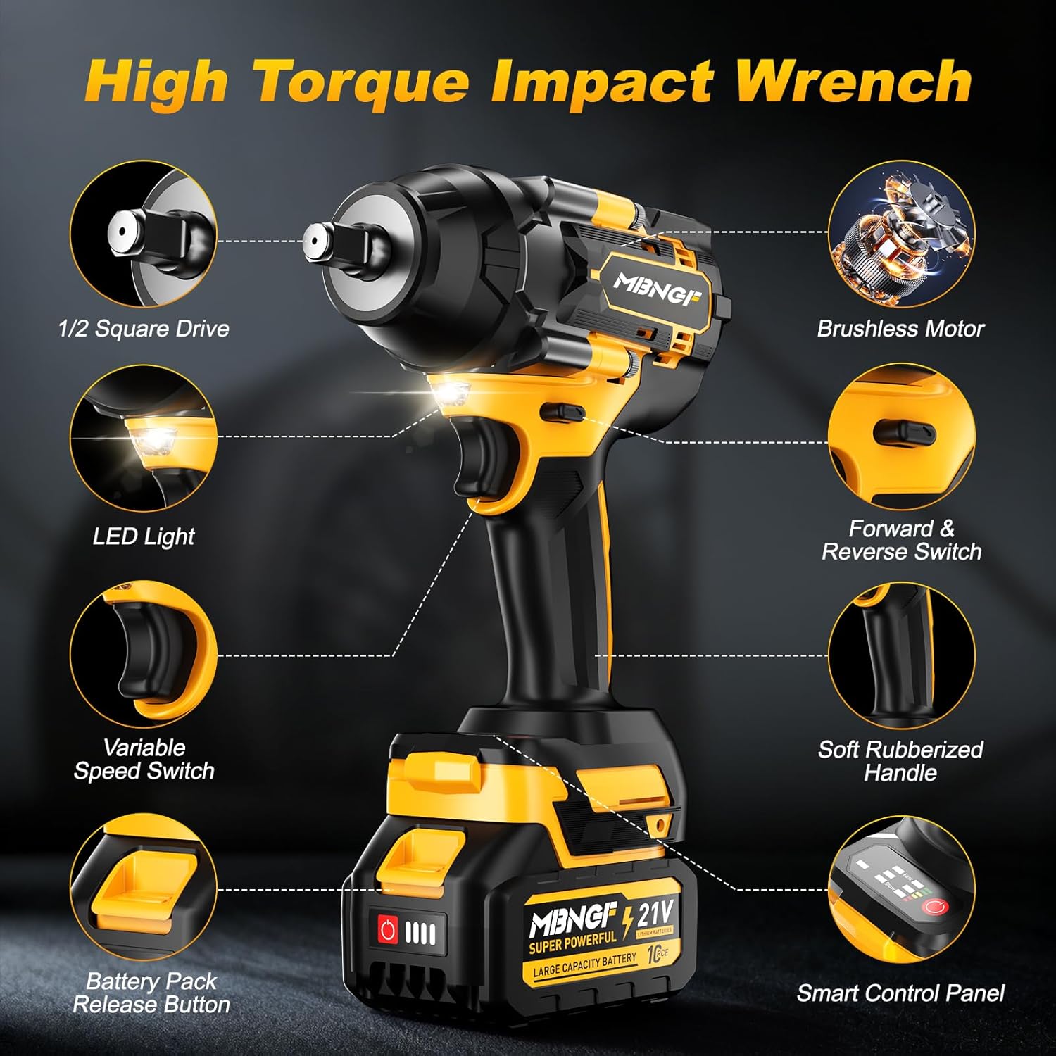 Impact Wrench 1/2 Inch, High Torque Impact Gun with 1500N·m(1100 Ft-lbs), 21V Brushless Electric Impact Wrench with 2 * 40Ah Battery, 3-Speed, LED Light, 5 Sockets for Car/Mower/Pickup/Truck RV - Image 7