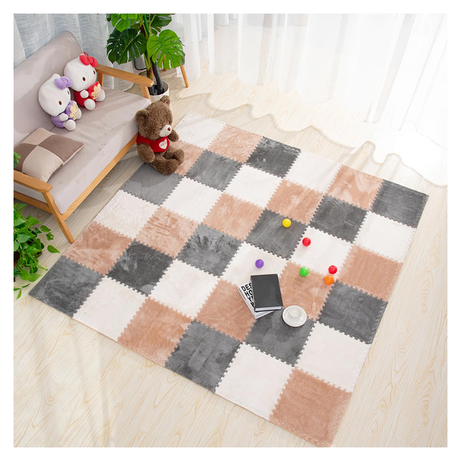 10pcs Carreaux De Sol en Mousse, Tapis De Jeu en Mousse pour Chambre à Coucher, Tapis De Jeu en Peluche Puzzle 12"x12" Dalles De Moquette Imbriquées, Tapis De Sol en Mou(Color:Blanc+Café Clair+Gris)