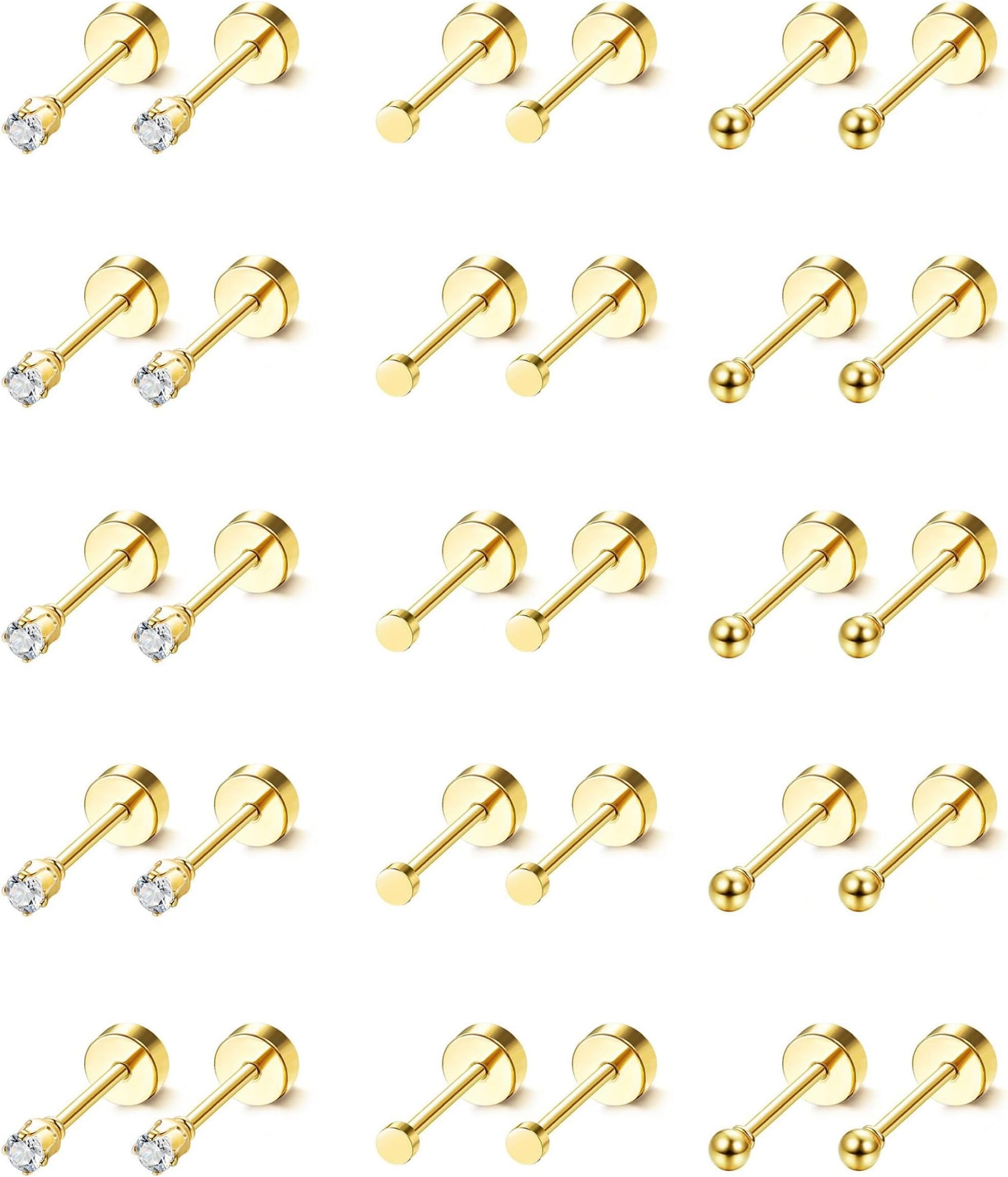 FIOROYALSmall Stud Earrings for Women Men Stainless Steel Cartilage Earrings 14K Gold Plated Tiny Flat Back Earrings Hoop Earrings CZ Dot Ball Helix Earring Sets for Multiple Piercings 20G