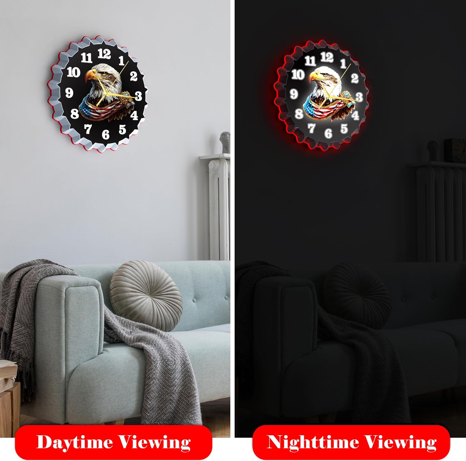 Bald Eagle Wall Clock, 12 Inch Neon Wall Clock, Stunning 3D Glow Effect, Non Ticking Silent Clocks, Ideal for Living Room/Bedroom/Office/Garage/Bar/Game Room Decor