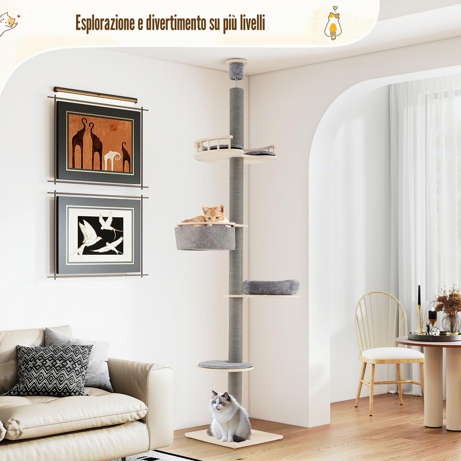 FANTASK Tiragraffi per gatti, a 5 piani, alto per gatti, dal pavimento al soffitto, con letto in peluche, amaca e piattaforme, albero da arrampicata in legno, 236-271 cm (grigio)