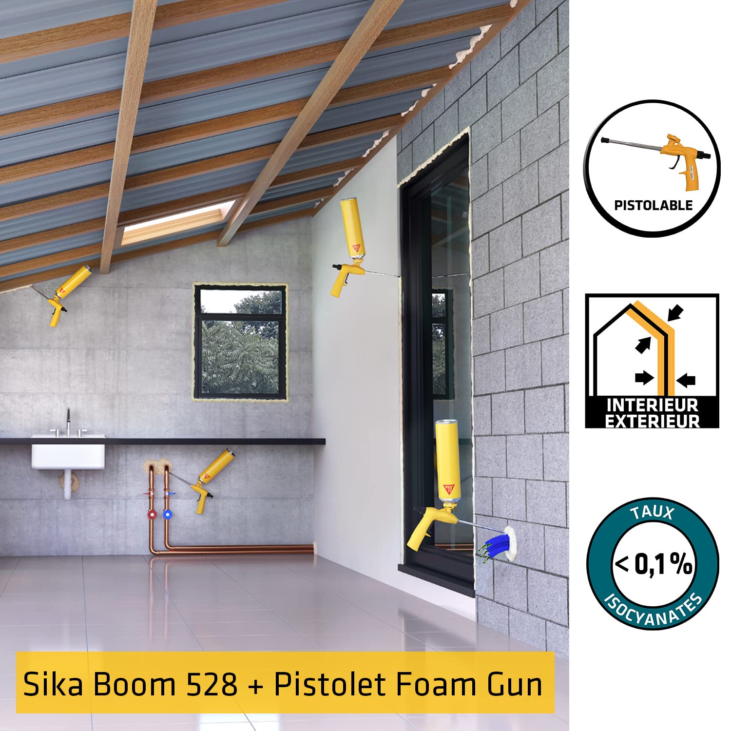 SIKA - Lot de 6 x Mousse polyuréthane Expansive Sika Boom 528, Pistolable & Réutilisable, Rendement 23L, pour jointer, calfeutrer, isoler, 500ml Blanc + Pistolet Foam Gun pour mousse expansive