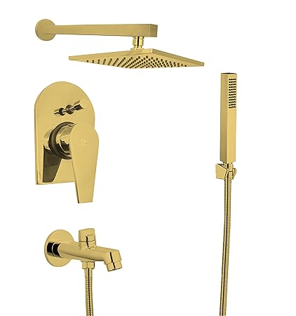 Aquieen Luxury Series Brass Concealed Body High Flow Diverter With Showers and Spout & Hand Shower Entice Collection (Gold)