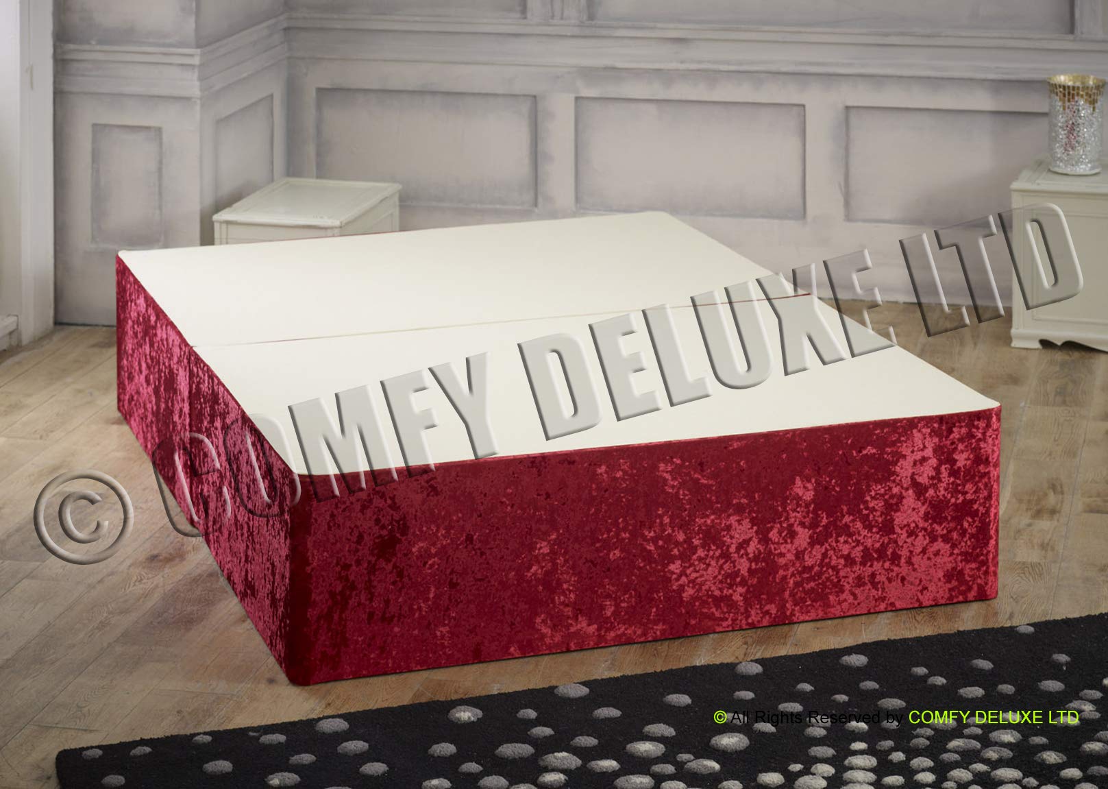 Comfy Deluxe LTD DIVAN BED BASE ONLY IN CRUSHED VELVET - NO HEADBOARD (WHITE, 4FT6-0 DRAWERS)