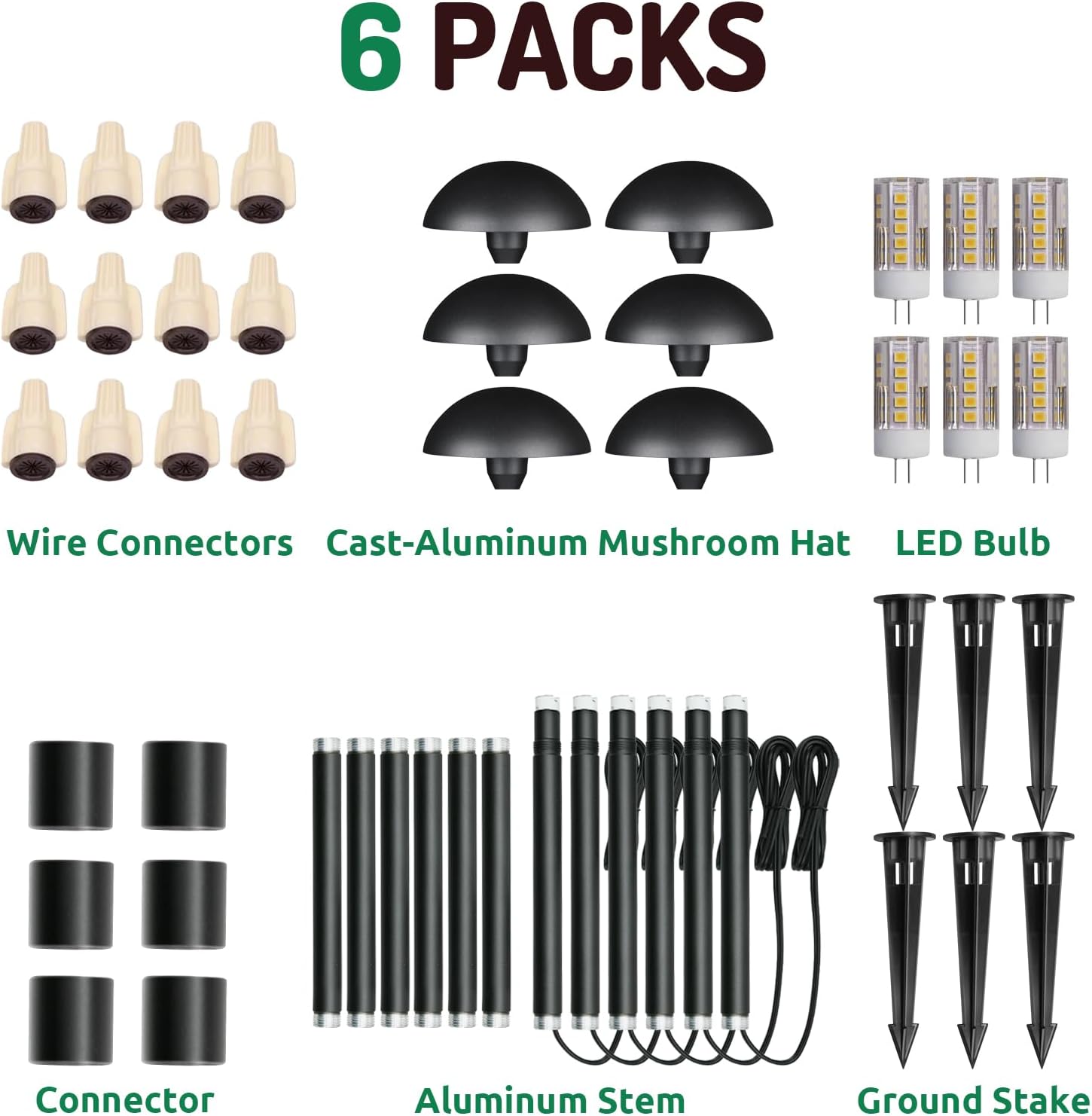 Lumina Lighting® Low Voltage Landscape Lighting Cast-Aluminum Path and Area Light Warm White 3W G4 LED Bulb and ABS Ground Stake Included for Yard Walkway Lawn PAL0107-BkLED6 (Black,6-Pack)