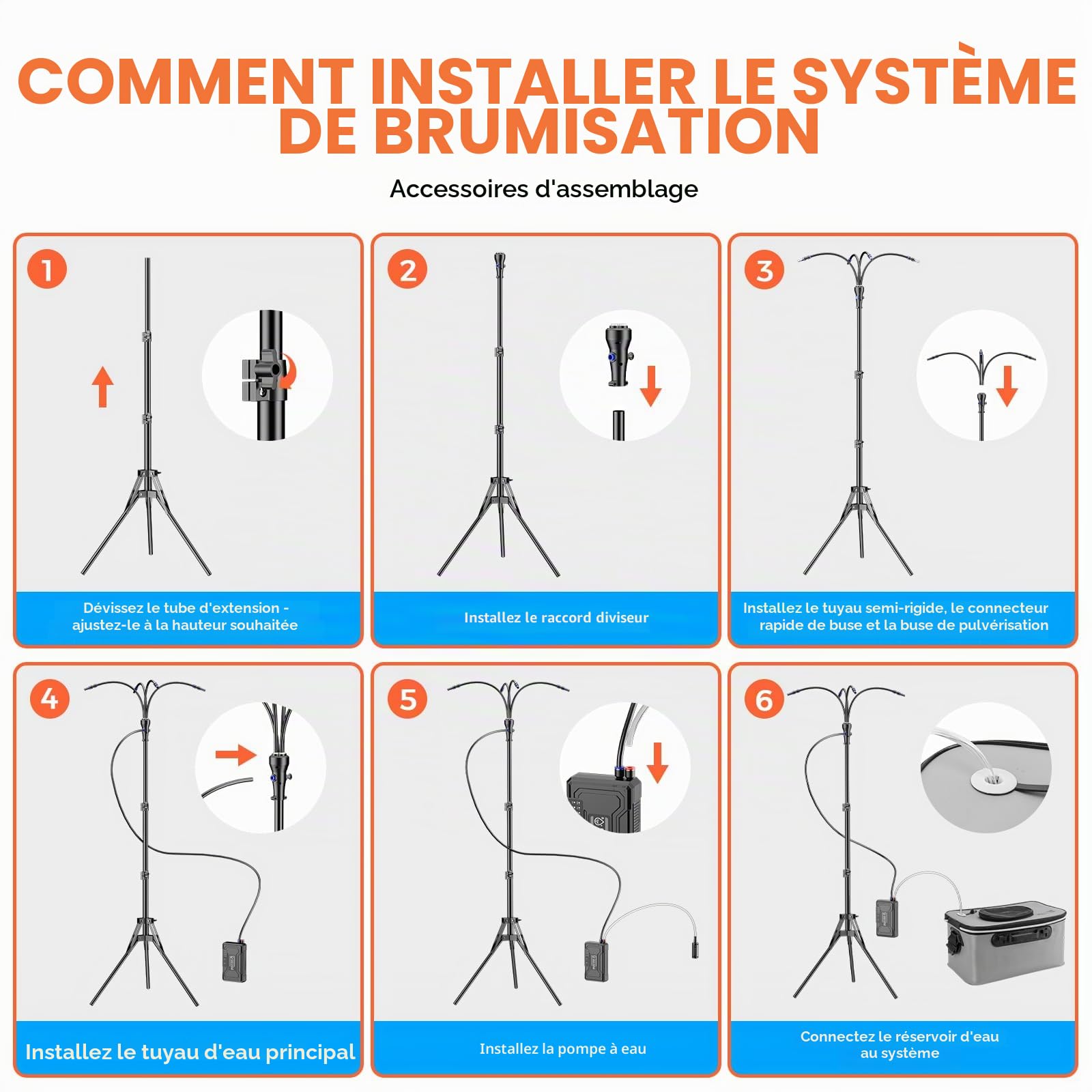 Système de brumisation portable avec seau de 15 L, brumisateur sur pied alimenté par batterie 10 000 mAh pour terrasse extérieure, hauteur réglable 1,28 m, ensemble de refroidissement par eau sans fil