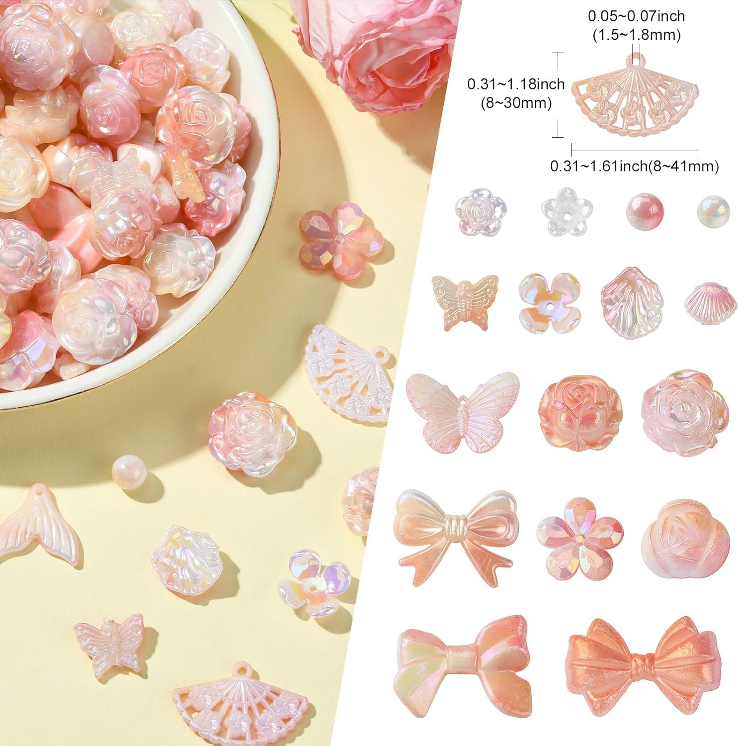 Ipotkitt 100 Pcs Pink Random Acrylic Assorted Bead Kits Spring Theme Flower Beads Plastic Butterfly Mermaid Tail Charms for DIY Lanyard Earring Jewelry Making - Image 2