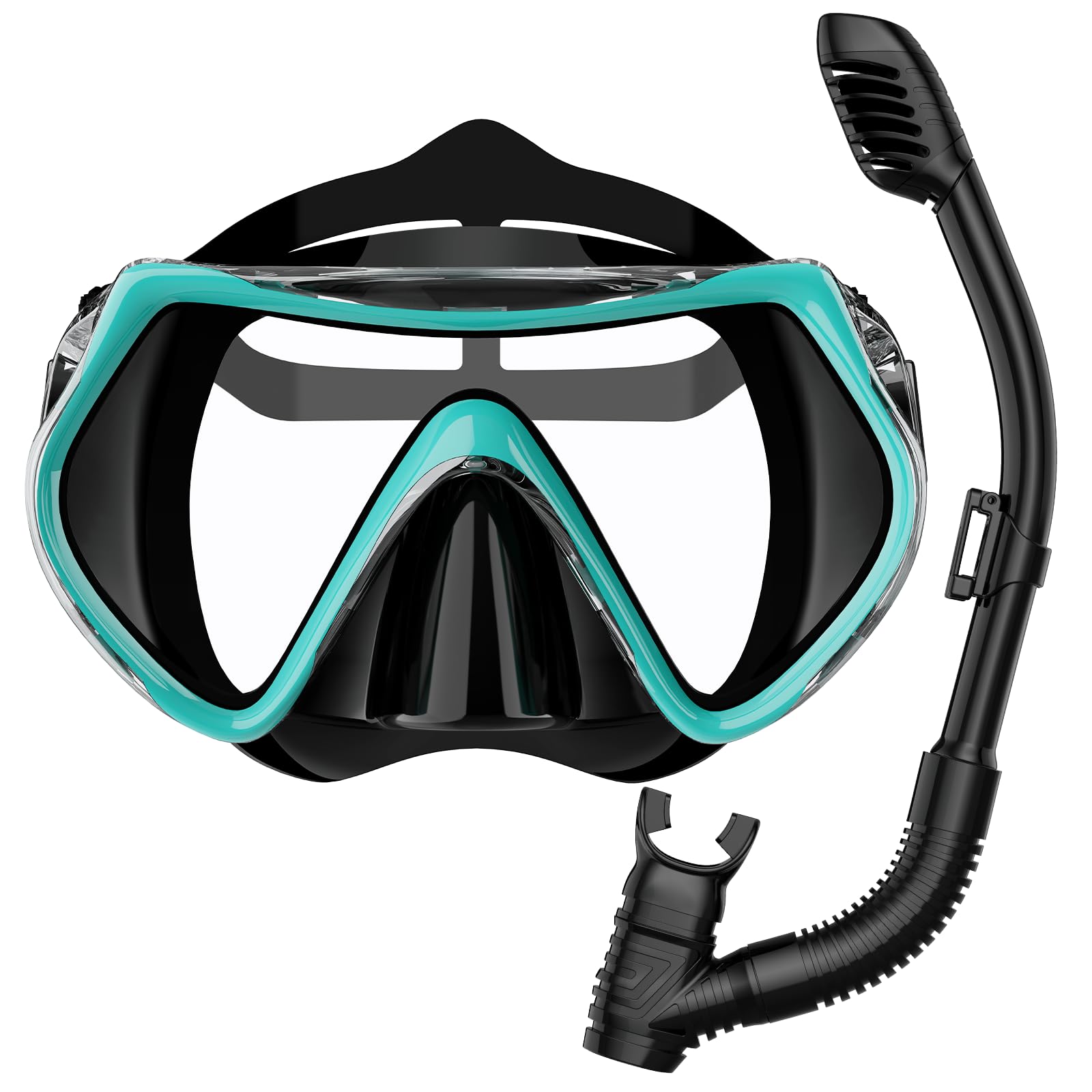 BuyCard Snorkel Mask,180 Degree Panoramic View Dry Top Snorkeling Gear，Safe Anti-Leak Anti-Fog Diving Mask, Snorkel Set and Swimming Goggles (Peacock Green, (Ages 6-14))