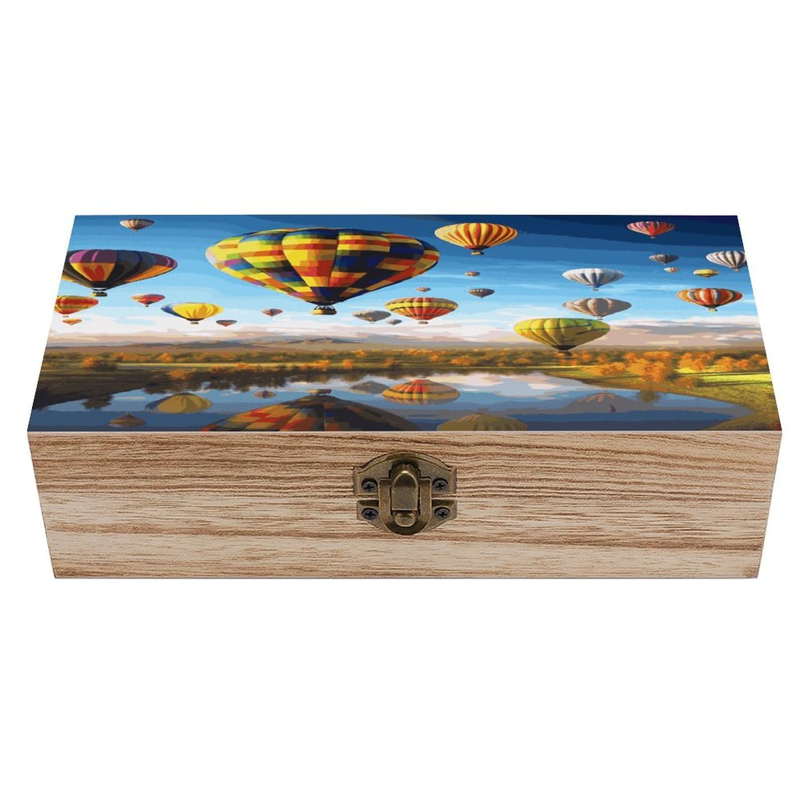 Btcowzrv Style Hot Air Balloons Wooden Storage Box, Keepsake Box With Hinged And Retro Lock, Wood Jewelry Organizer For Photos & Mementos And Home Decor