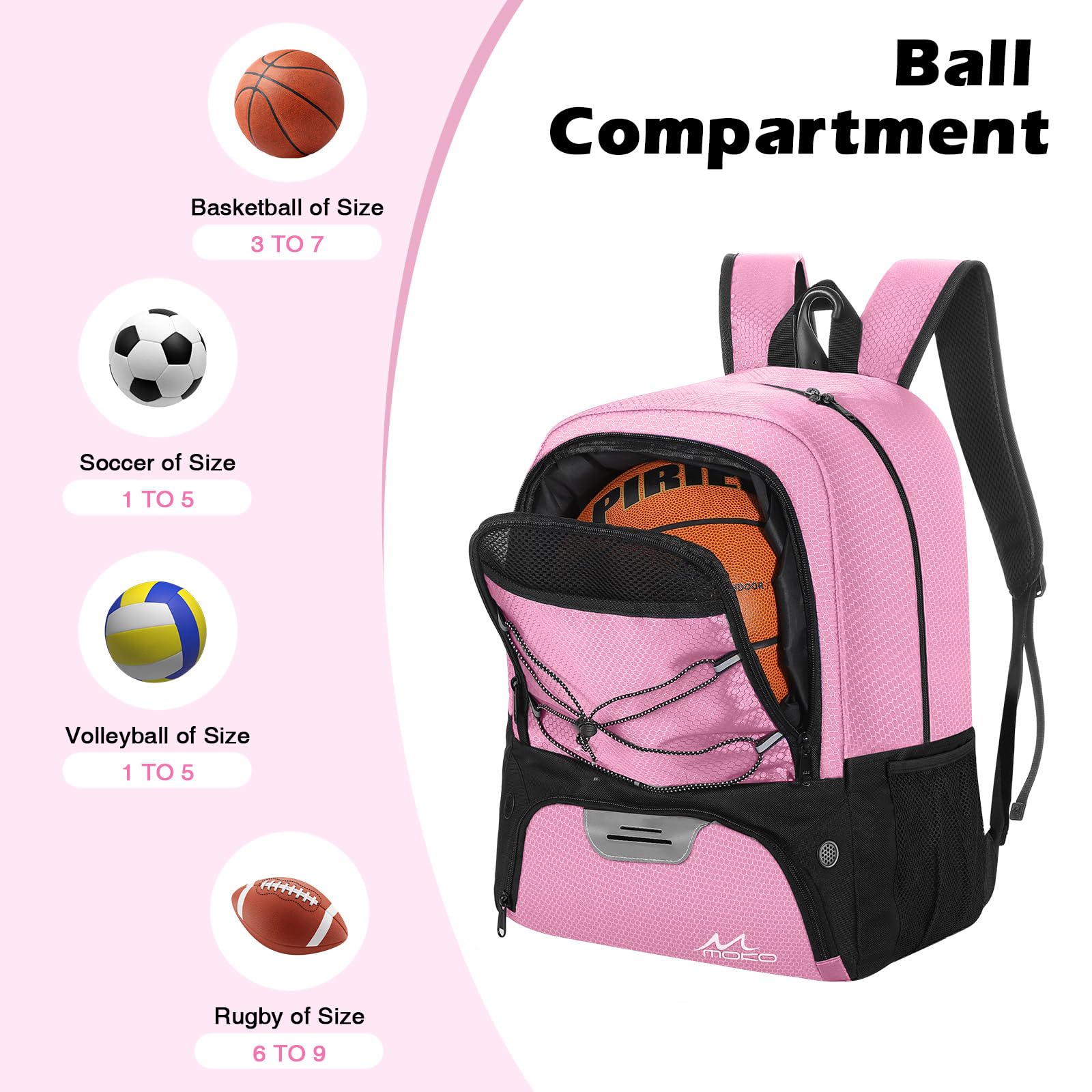 MoKo Soccer Bag Backpack, Basketball Backpack for Men & Women with Separate Ball and Shoes Compartments, Water-Resistant, Fence Hook, Sports Equipment Bag for Clothes, Shoes, Tablets, Laptops, Pink