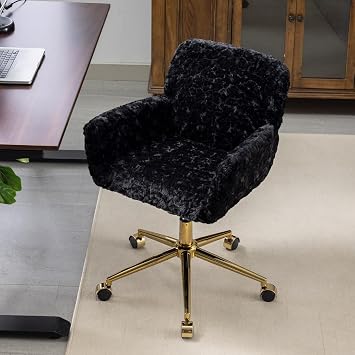 Modern Faux Fur Home Office Desk Chair, Height Adjustable, Swivel, Black