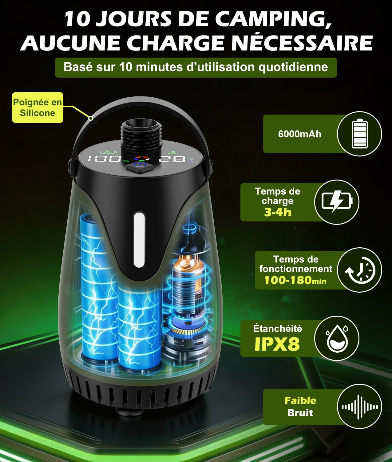 WADEO Douche Chaude Camping Portable, avec Seau 20L, Autonomie 10 Jours | Pompe 5 Vitesses, IPX8, Pompe de Douche Rechargeable 6000 mAh avec Écran LED, Kit Douche Camping pour Voyage, Animal, Voiture