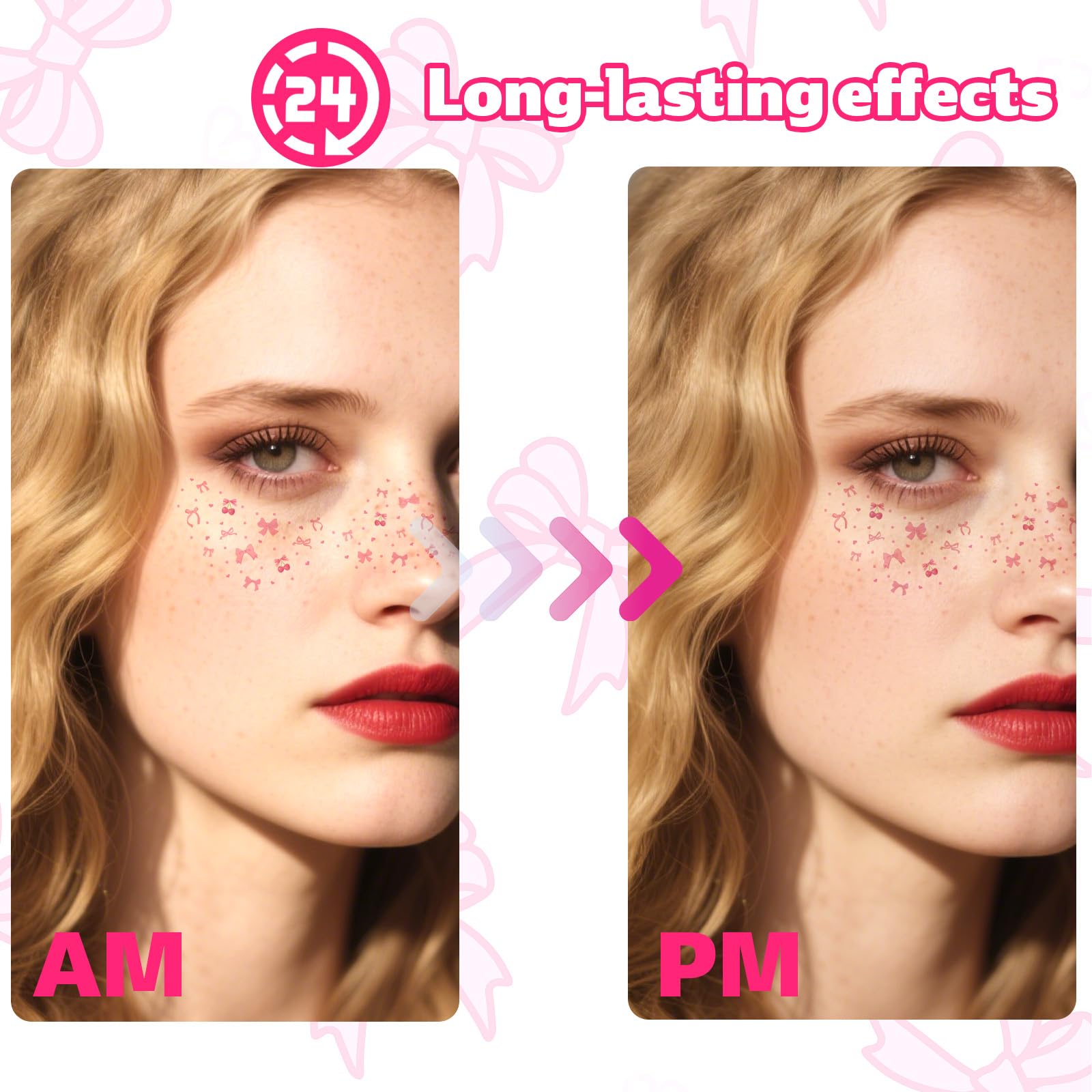 6pcs Pink Bow Face Freckle Tattoo Stickers, Waterproof Temporary Tattoos for Women Perfect for Makeup St. Patrick's & Costume Parties - Image 4