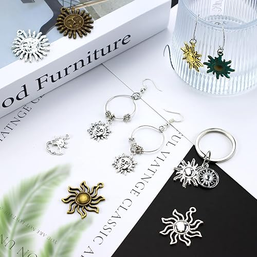 Miniatura 6 de Dijes de sol celestial, 42 piezas mezcladas de oro antiguo plateado bronce colores sol sonrisa colgantes DIY para collares, pulseras y fabricación
