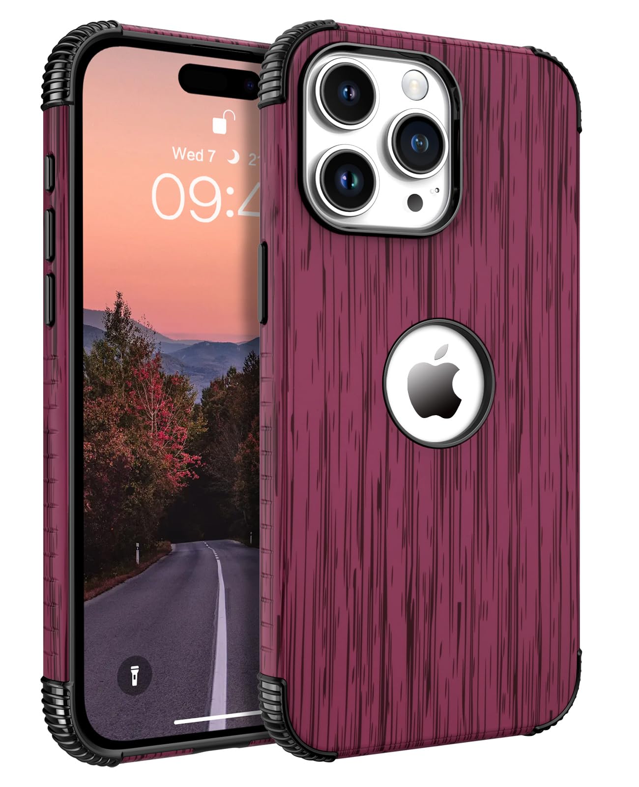 BENTOBEN Compatible with iPhone 15 Pro Max Phone Case, Slim Fit Cute Wood Pattern Design Heavy Duty 2 in 1 Full Rugged Shockproof Drop Protection Hybrid Hard PC Bumper Girls Women Boy Cover, Wine Red