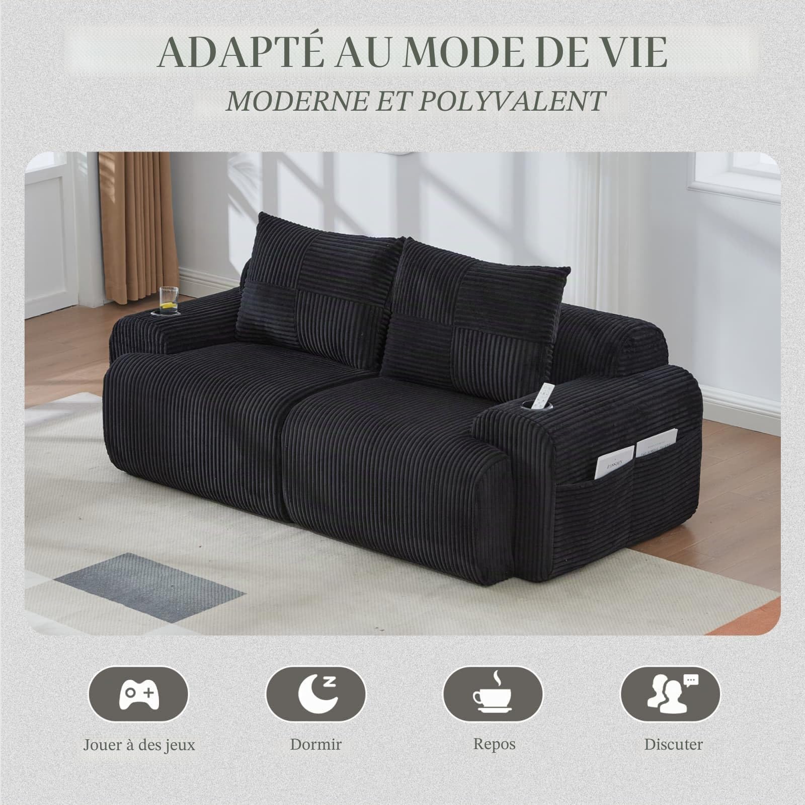 PUGSDRLY Canapé Modulaire en Velours Côtelé, Canapé d'angle Moderne, Assise Profonde, Accoudoirs Larges, sans Assemblage, avec Porte-Gobelet et Poches Latérales (Noir, 2 Places)