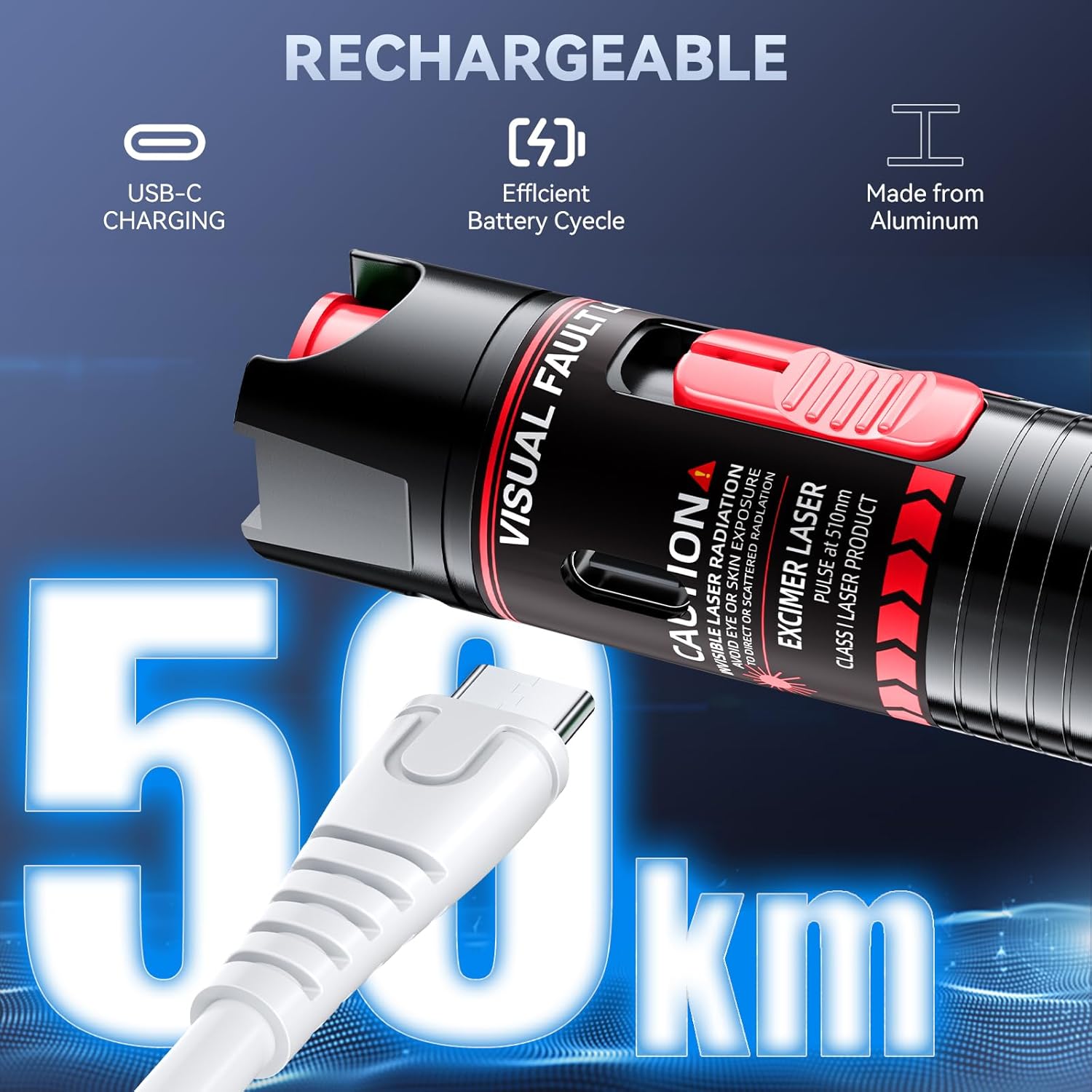 Visual Fault Locator 50KM - Rechargeable VFL Fiber Optic Tester Kit Include Single Mode 9/125um FC Male to LC Female Adapter, Fiber Optic Lights for Network Cable